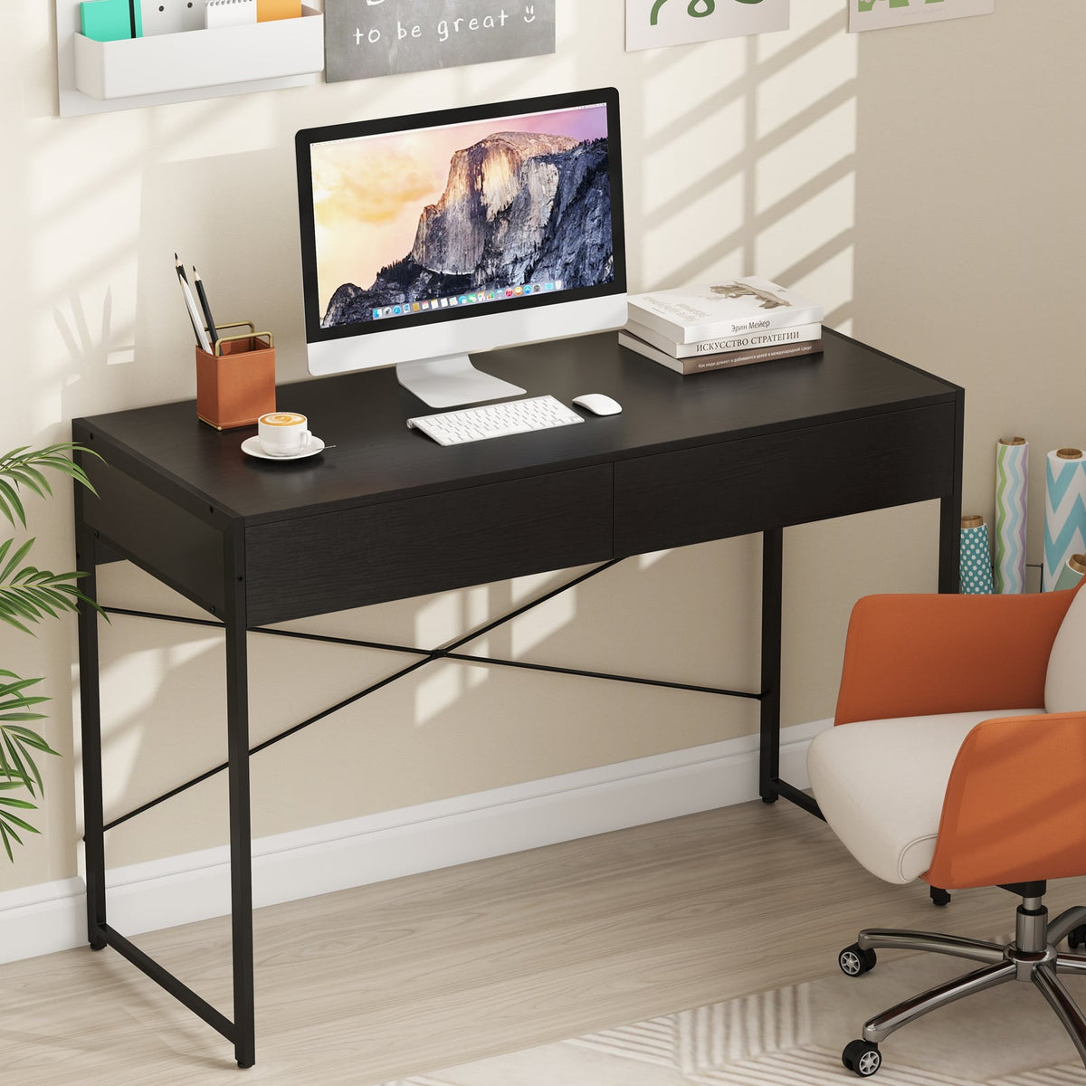 2-Drawer Home Office Desk with Steel Frame-Black-Writing Desks-DECOROLALA