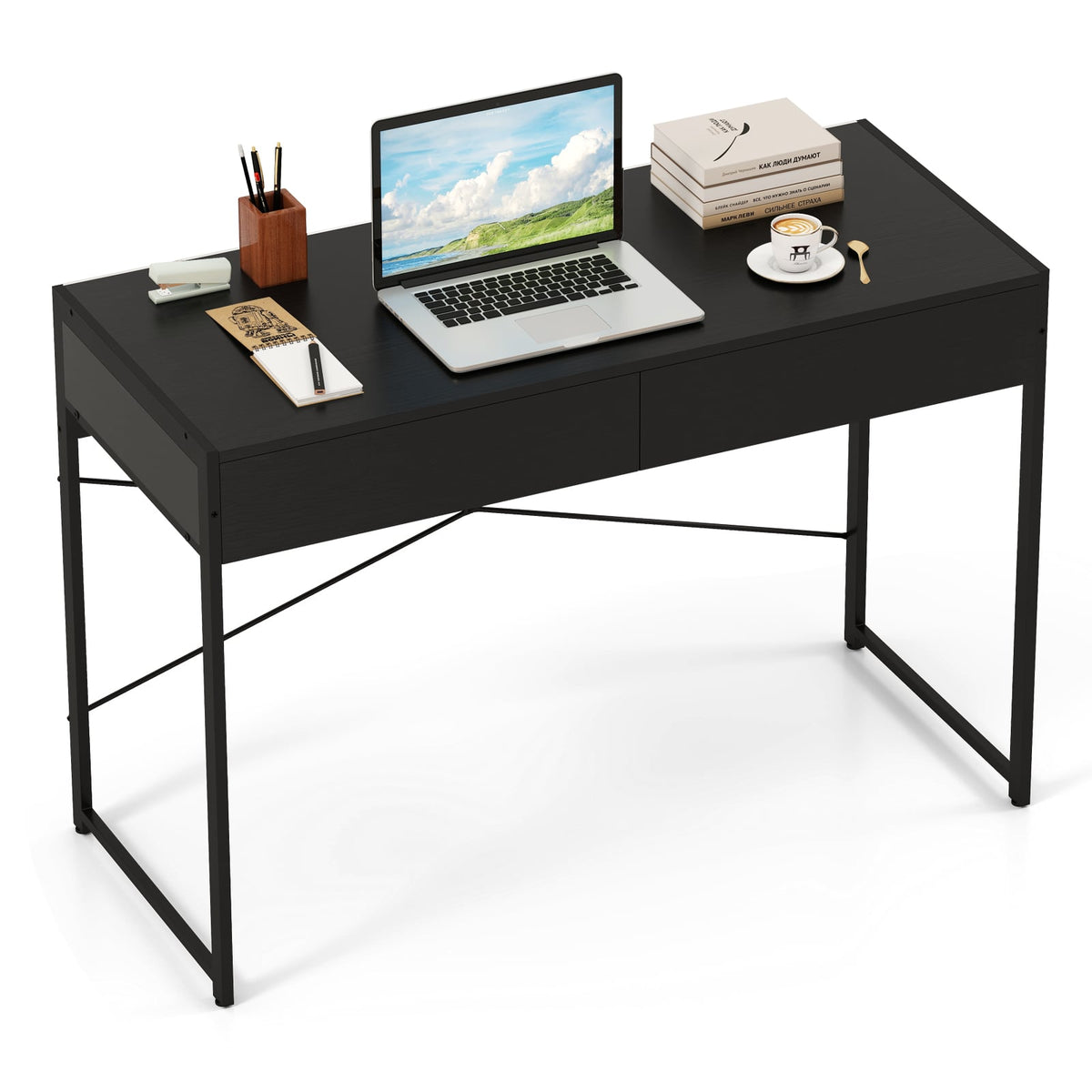 2-Drawer Home Office Desk with Steel Frame-Black-Writing Desks-DECOROLALA