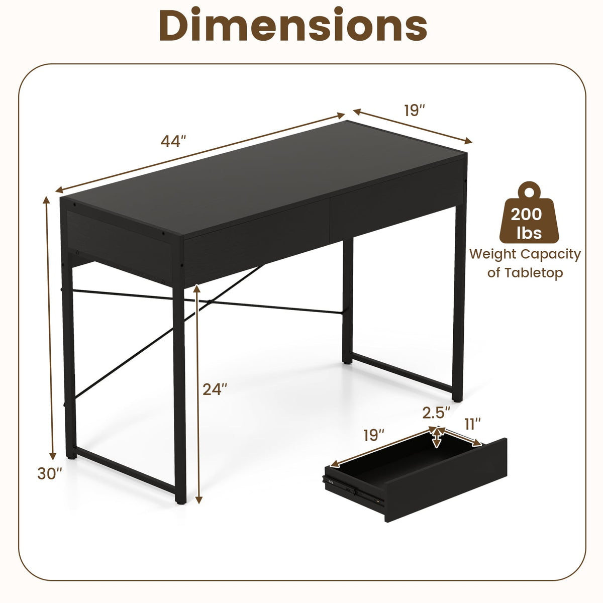 2-Drawer Home Office Desk with Steel Frame-Black-Writing Desks-DECOROLALA