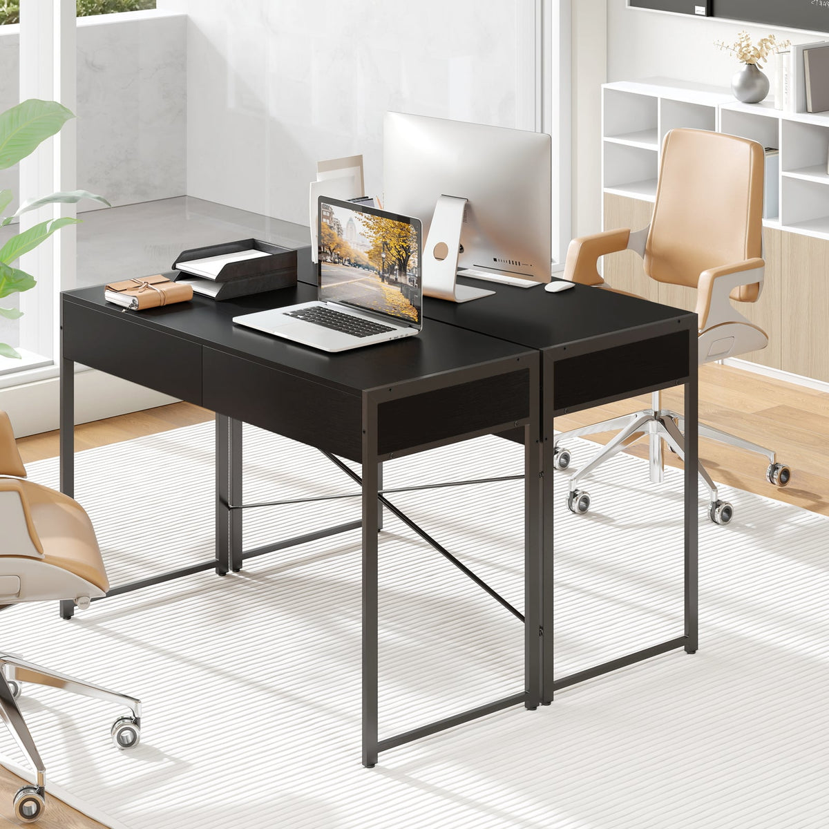 2-Drawer Home Office Desk with Steel Frame-Black-Writing Desks-DECOROLALA