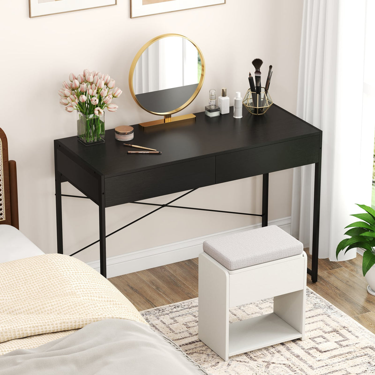 2-Drawer Home Office Desk with Steel Frame-Black-Writing Desks-DECOROLALA