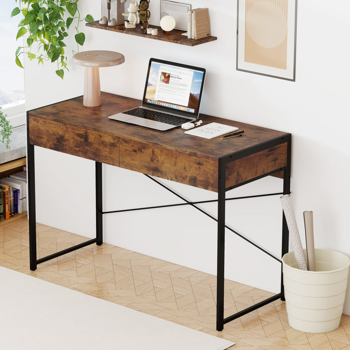 2-Drawer Home Office Desk with Steel Frame-Brown-Writing Desks-DECOROLALA