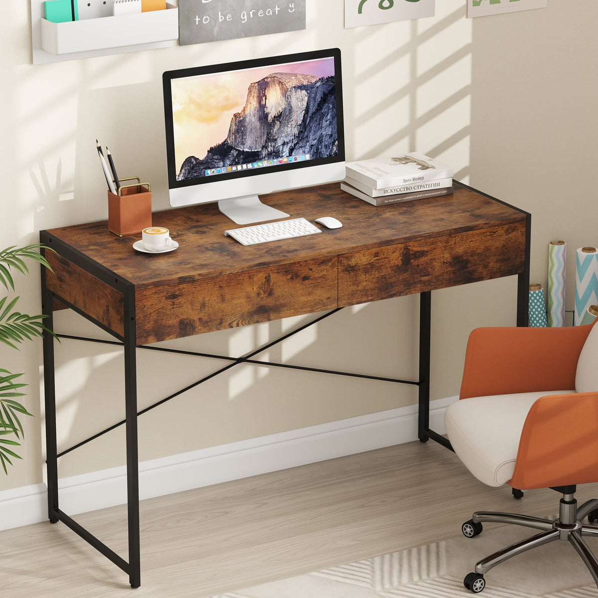 2-Drawer Home Office Desk with Steel Frame-Brown-Writing Desks-DECOROLALA