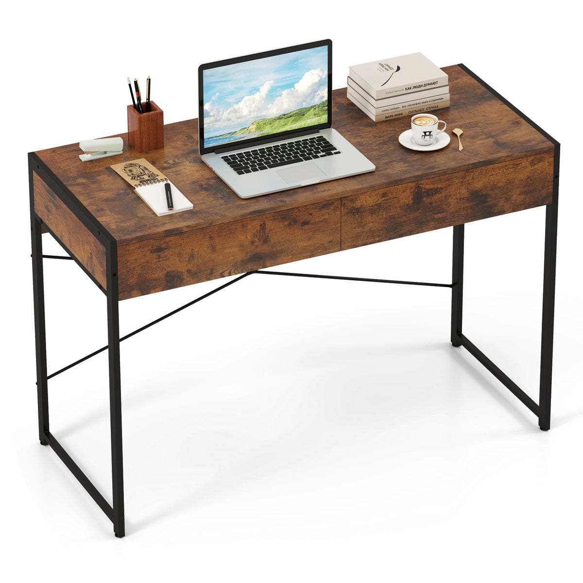 2-Drawer Home Office Desk with Steel Frame-Brown-Writing Desks-DECOROLALA