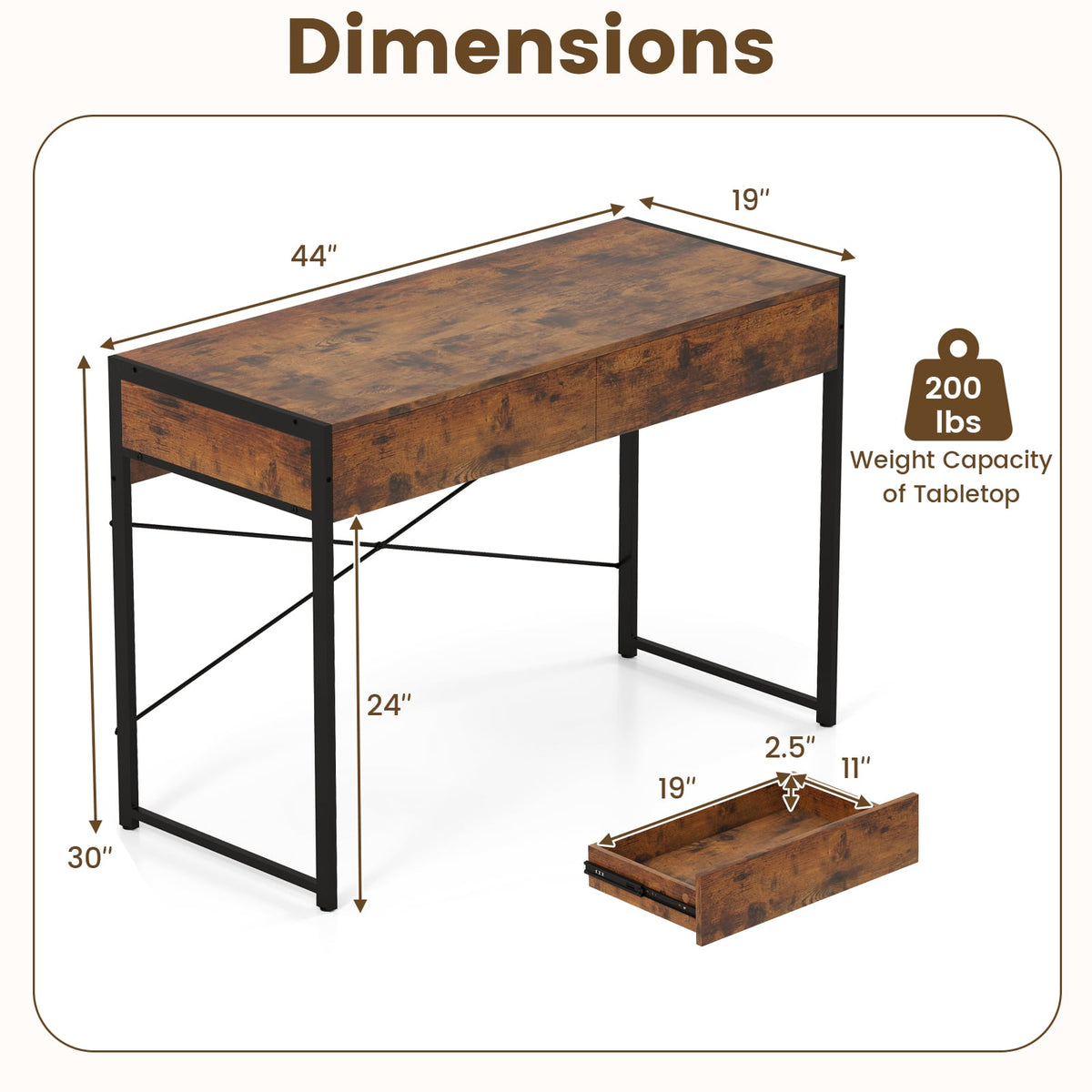 2-Drawer Home Office Desk with Steel Frame-Brown-Writing Desks-DECOROLALA