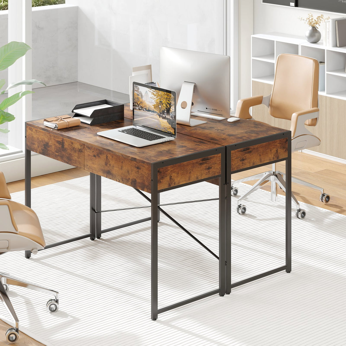 2-Drawer Home Office Desk with Steel Frame-Brown-Writing Desks-DECOROLALA