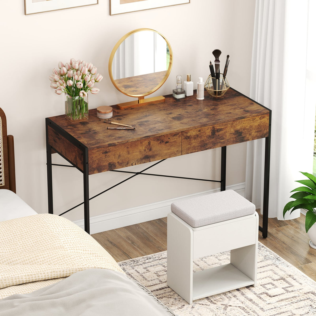 2-Drawer Home Office Desk with Steel Frame-Brown-Writing Desks-DECOROLALA