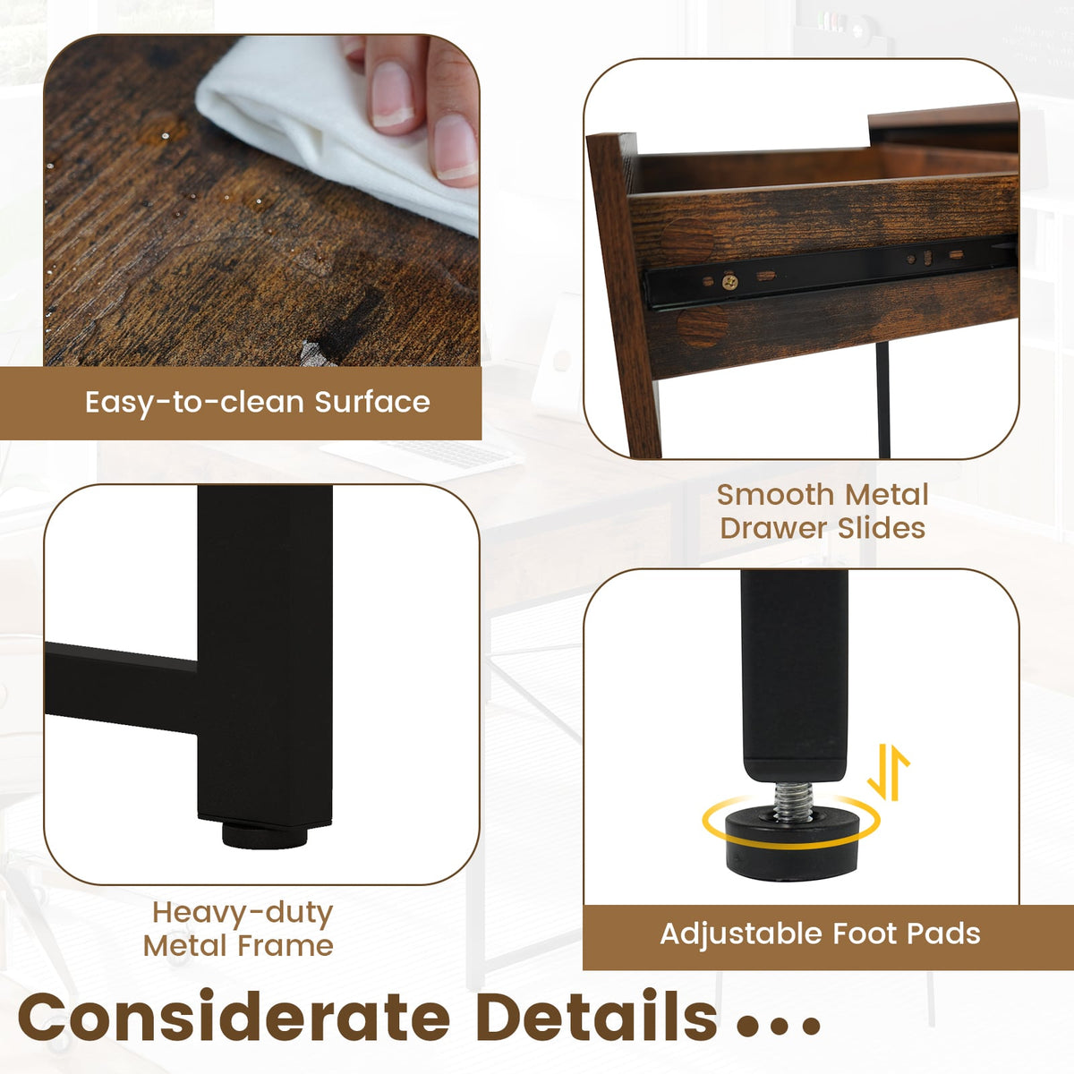 2-Drawer Home Office Desk with Steel Frame-Brown-Writing Desks-DECOROLALA