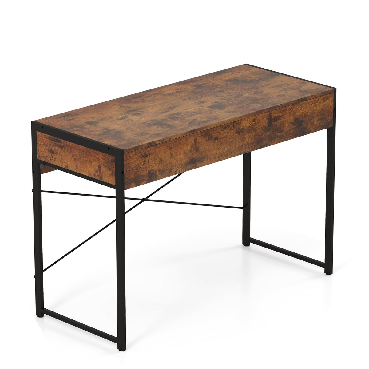 2-Drawer Home Office Desk with Steel Frame-Brown-Writing Desks-DECOROLALA