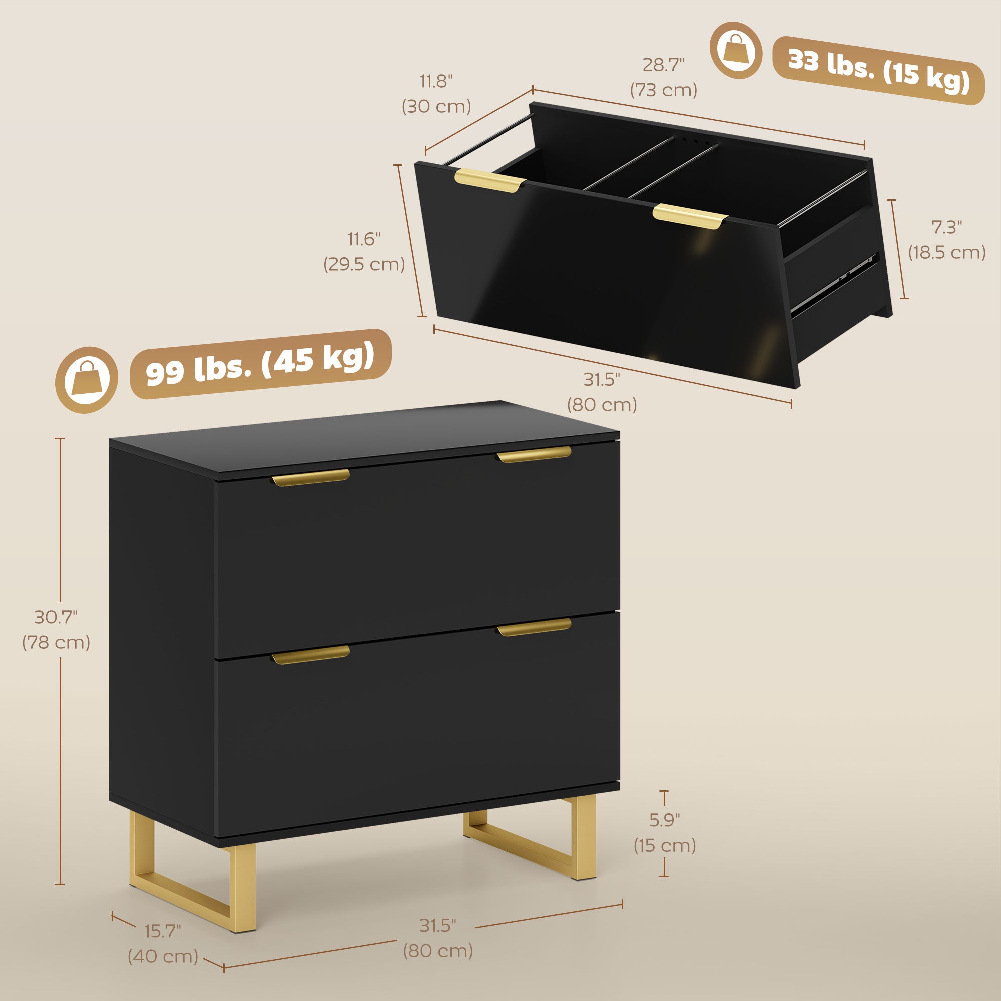2-Drawer Lateral File Cabinet - High Gloss Black Gold-Office Products > Office Furniture > Office Cabinets & Cupboards-DECOROLALA