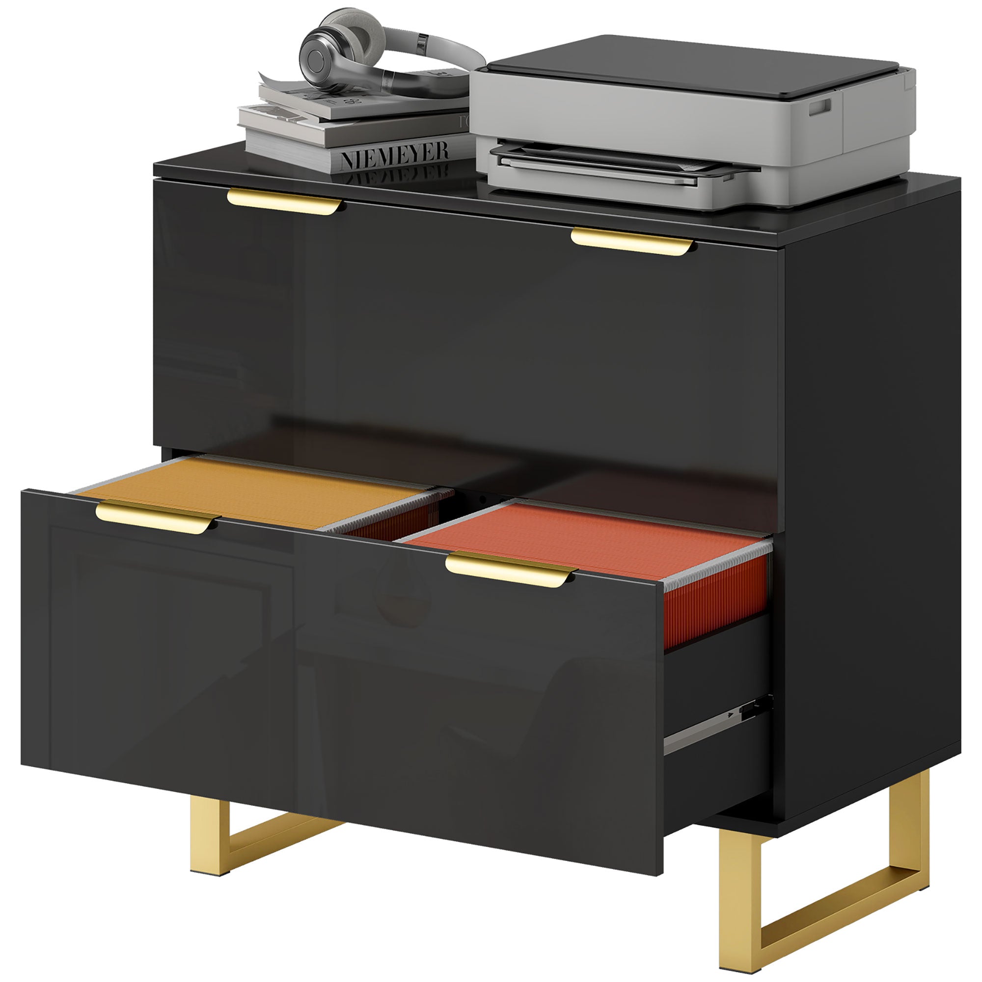 2-Drawer Lateral File Cabinet - High Gloss Black Gold-Office Products > Office Furniture > Office Cabinets & Cupboards-DECOROLALA