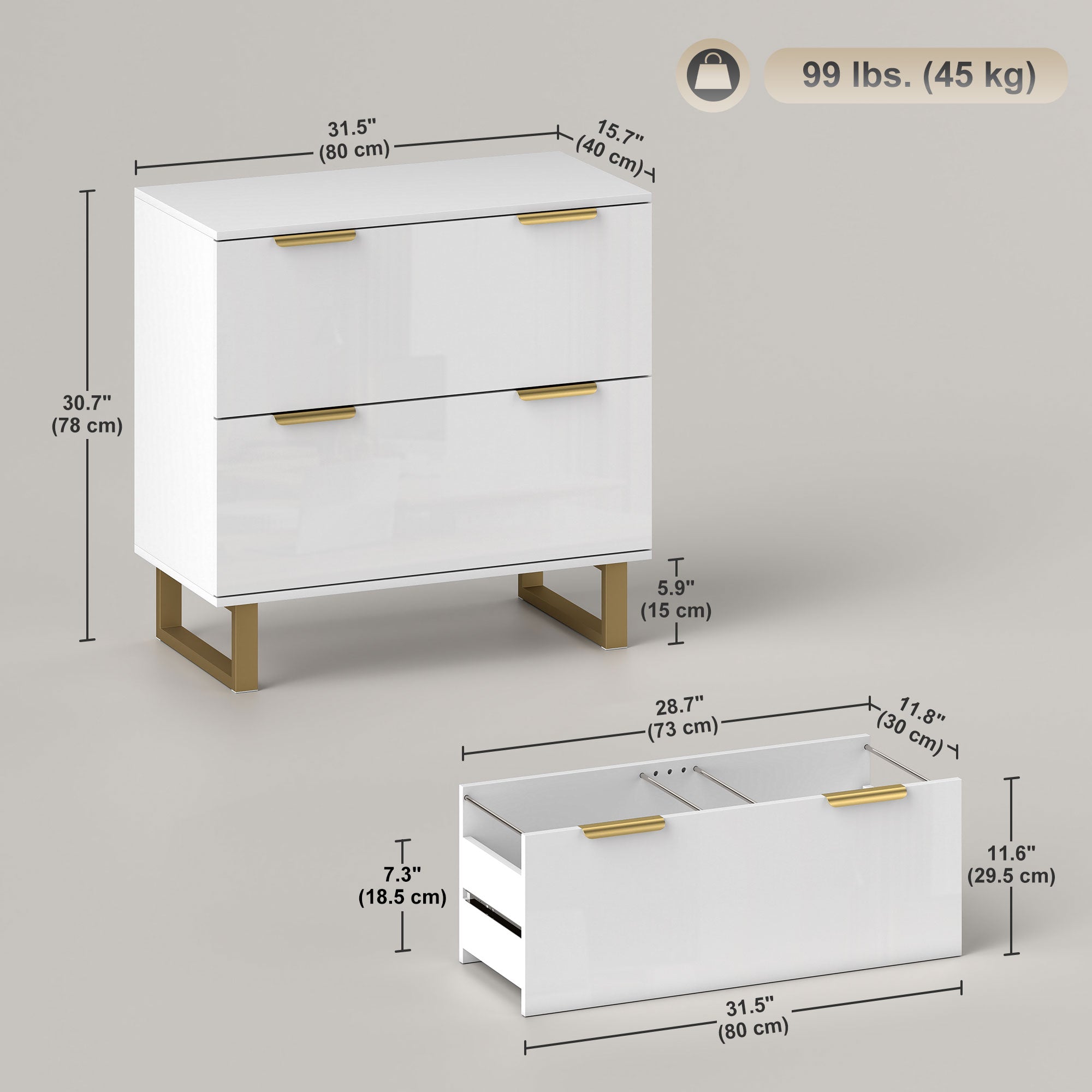 2-Drawer Lateral File Cabinet - High Gloss White Gold-Office Products > Office Furniture > Office Cabinets & Cupboards-DECOROLALA