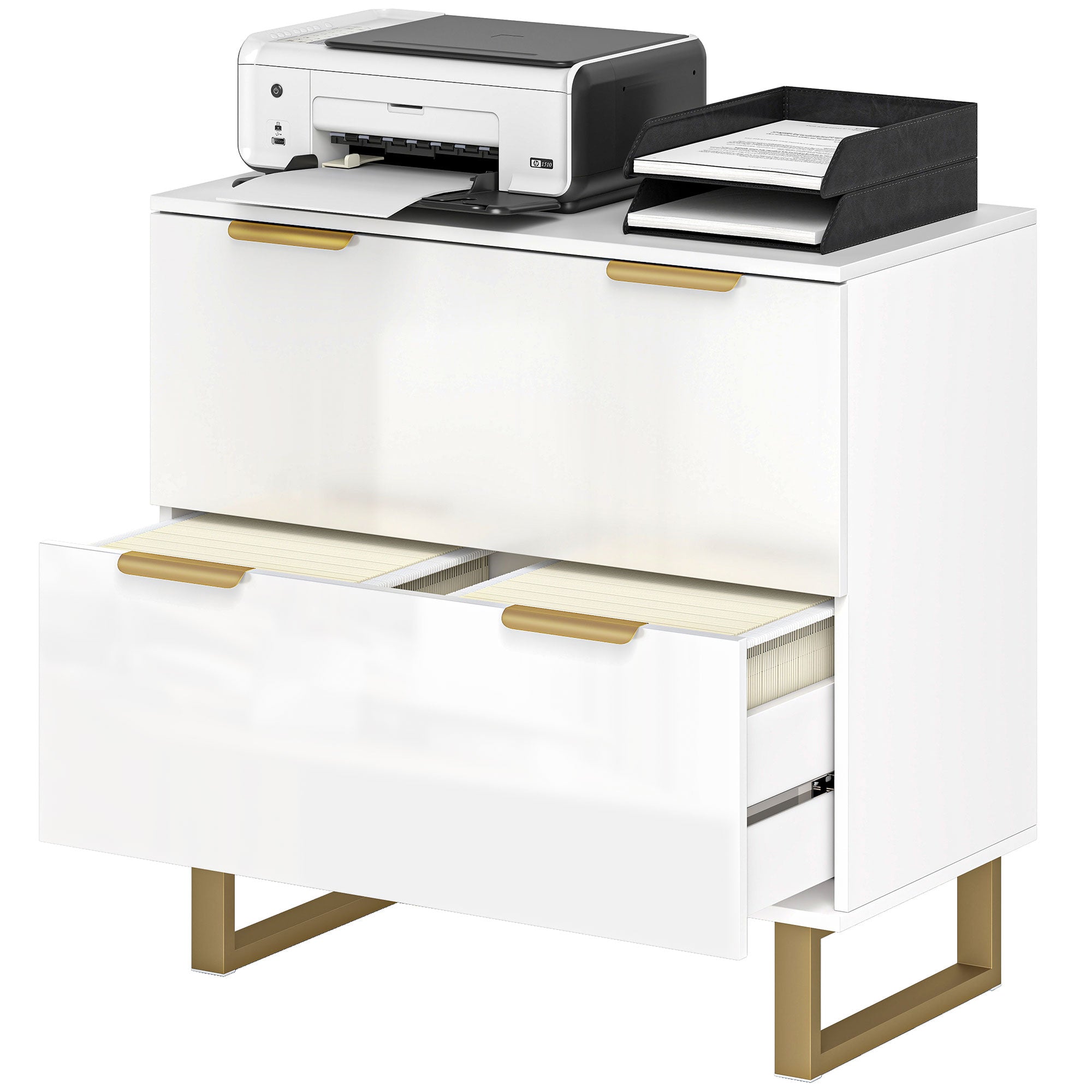 2-Drawer Lateral File Cabinet - High Gloss White Gold-Office Products > Office Furniture > Office Cabinets & Cupboards-DECOROLALA