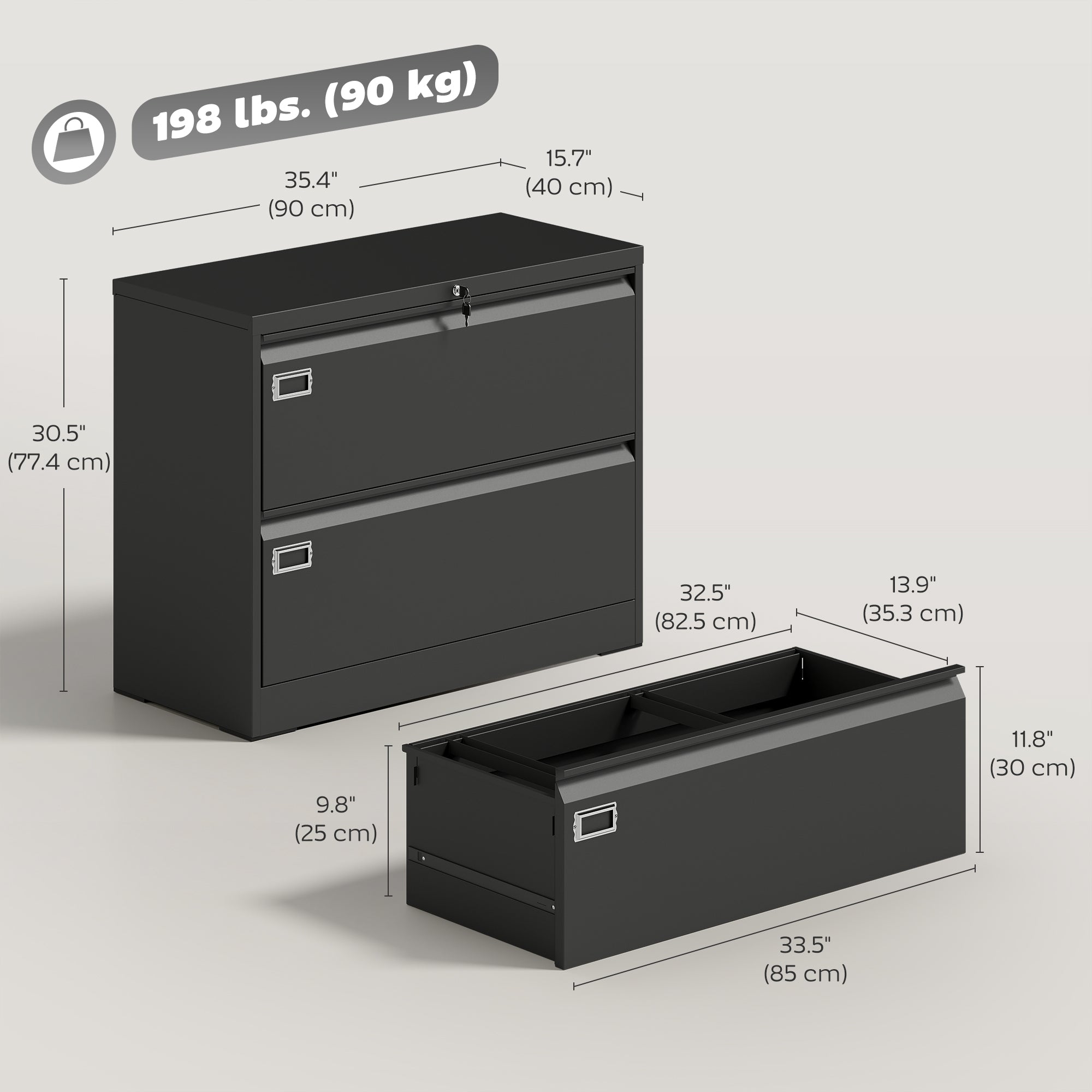 2-Drawer Lateral Filing Cabinet - Lockable Black Steel-DECOROLALA