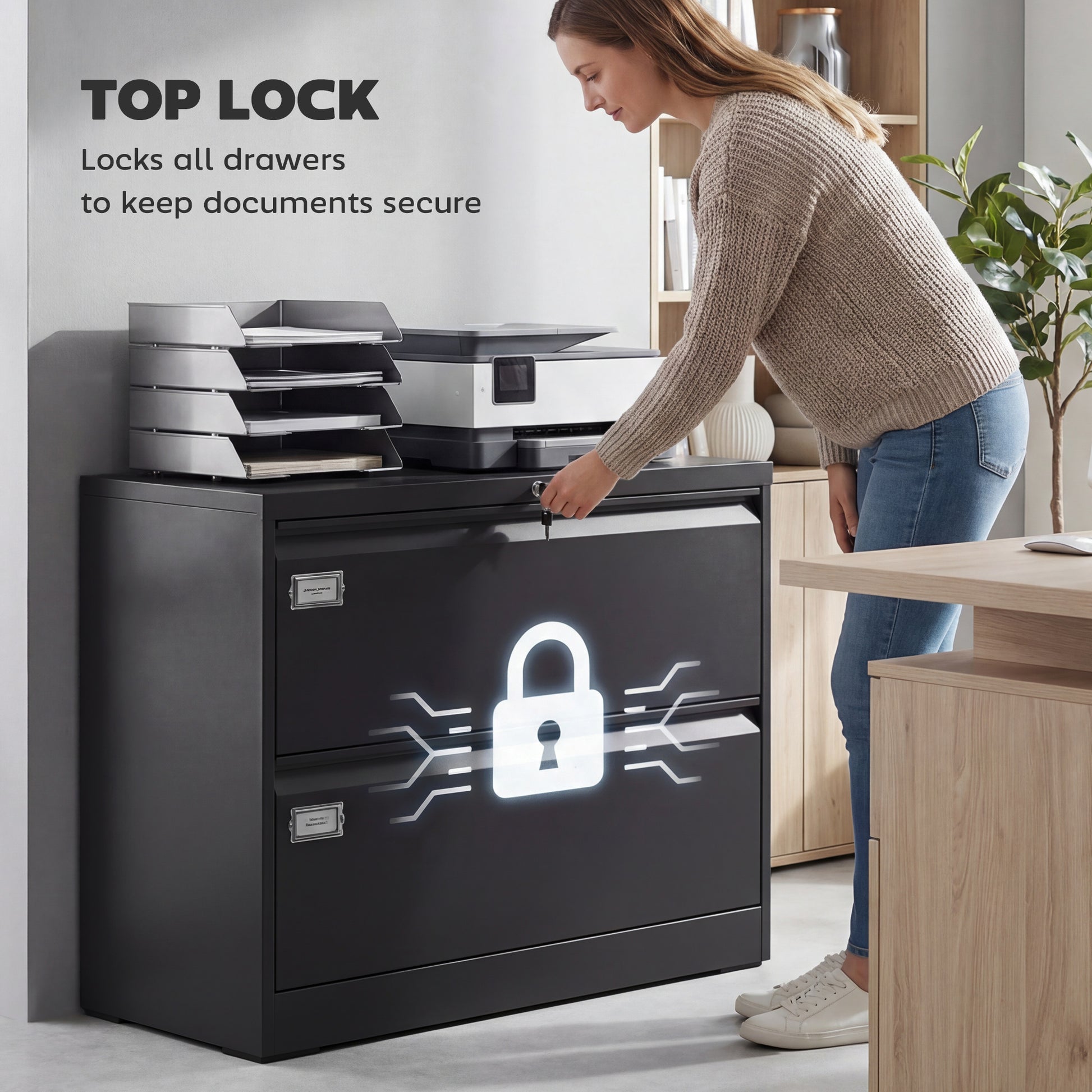 2-Drawer Lateral Filing Cabinet - Lockable Black Steel-DECOROLALA