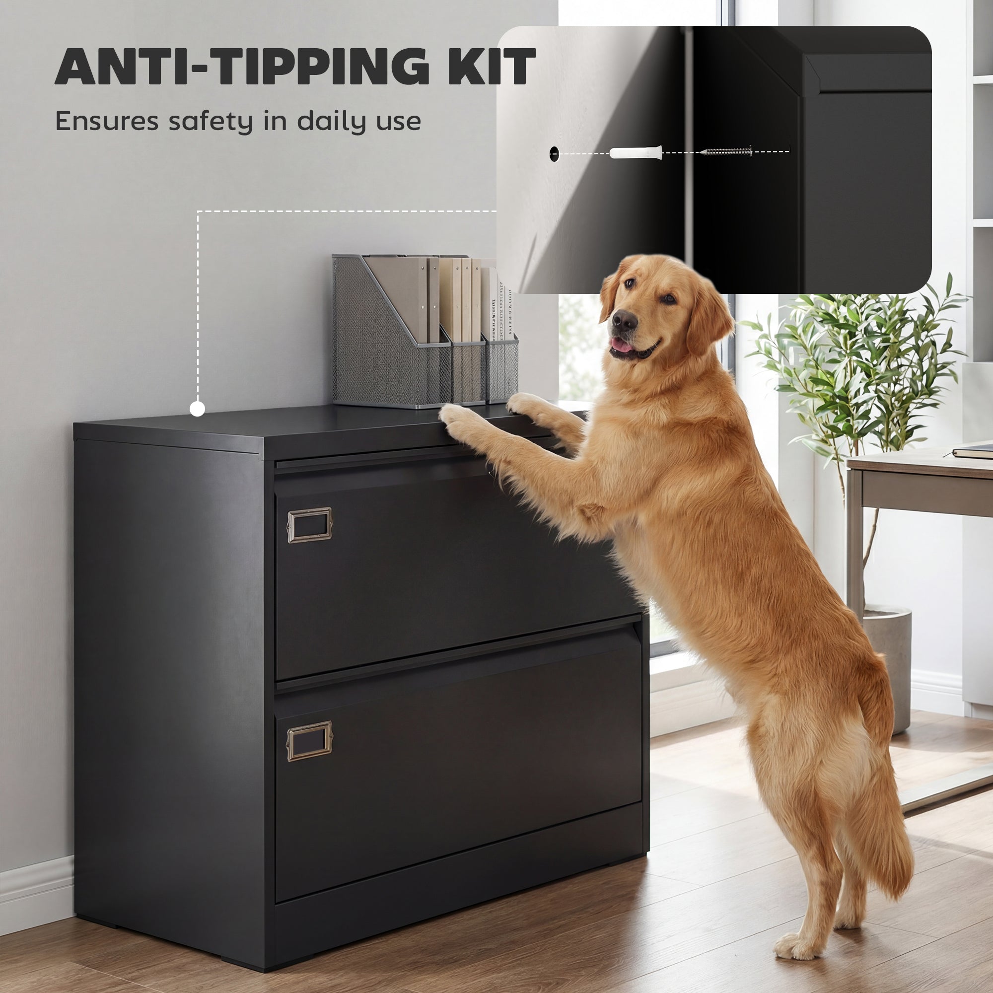 2-Drawer Lateral Filing Cabinet - Lockable Black Steel-DECOROLALA