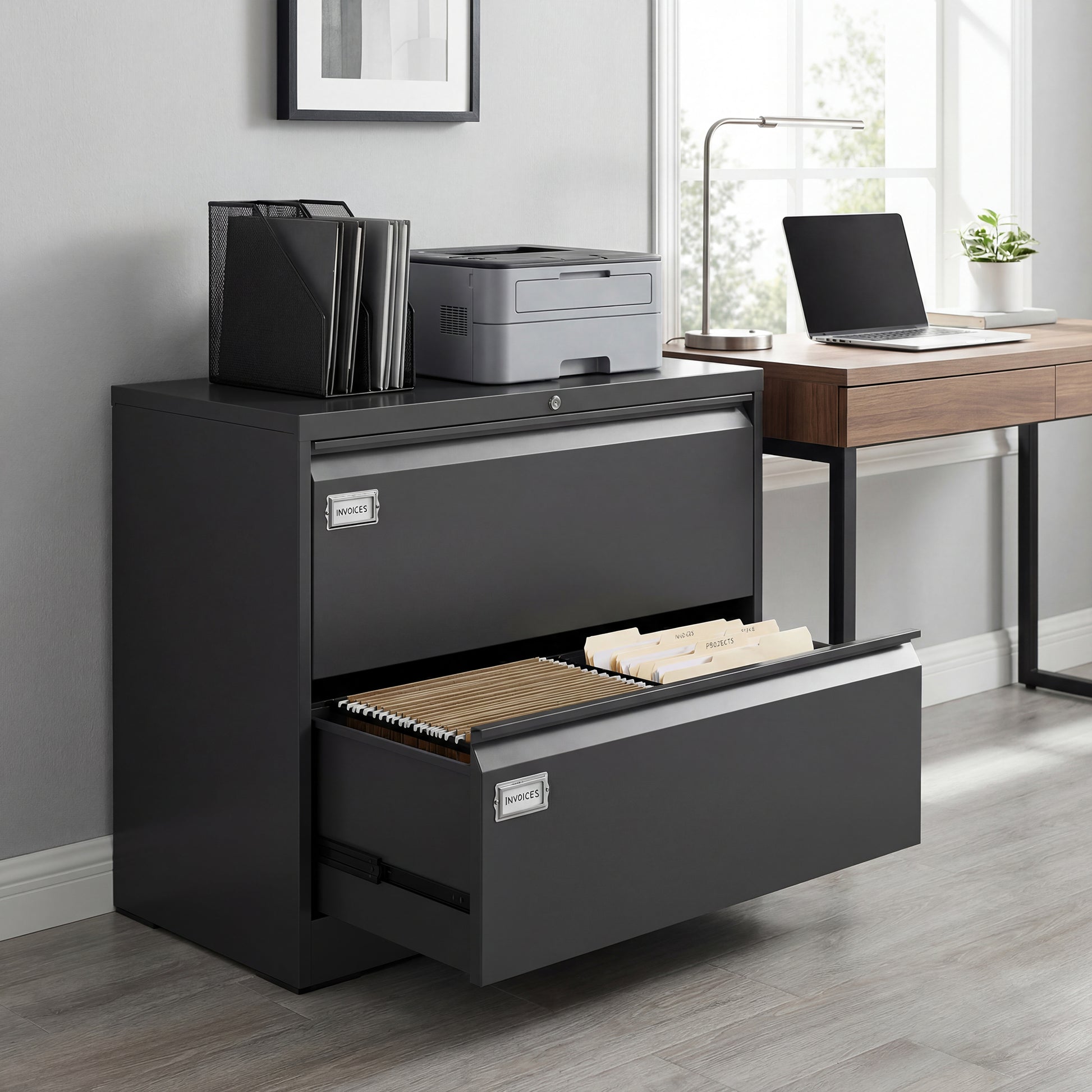 2-Drawer Lateral Filing Cabinet - Lockable Black Steel-DECOROLALA