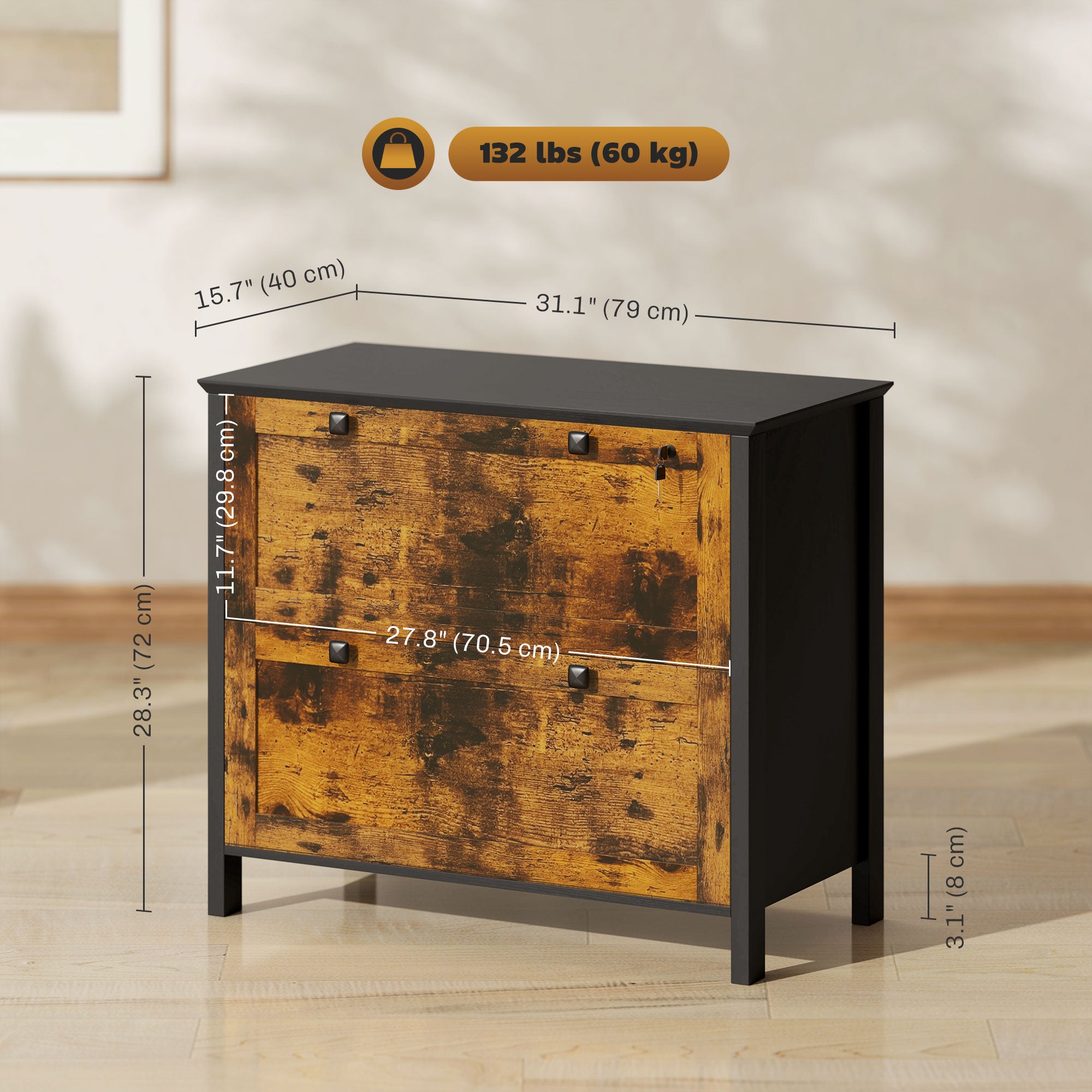 2-Drawer Lockable File Cabinet - Rustic Brown 31" Wide-Office Products > Office Furniture > Office Cabinets & Cupboards-DECOROLALA