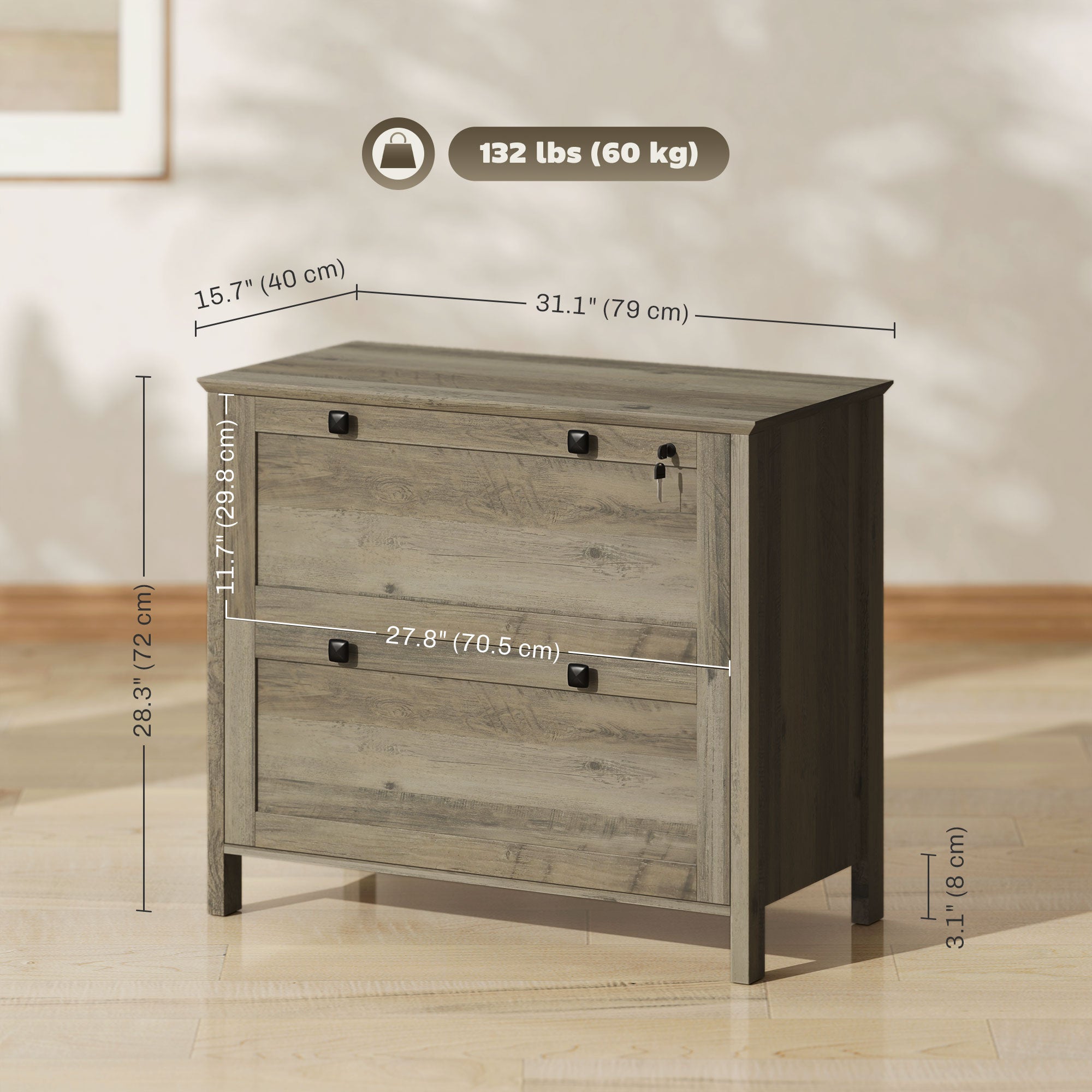 2-Drawer Lockable File Cabinet - Weathered Grey Oak-Office Products > Office Furniture > Office Cabinets & Cupboards-DECOROLALA