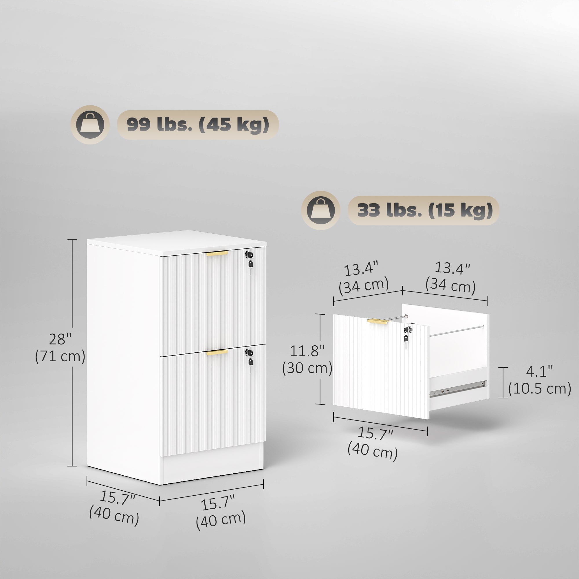 2-Drawer Lockable Filing Cabinet - White Fluted MDF-Office Products > Office Furniture > Office Cabinets & Cupboards-DECOROLALA