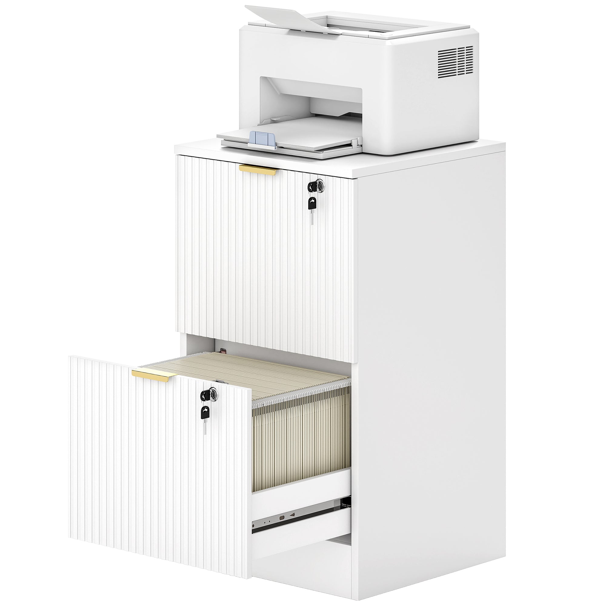 2-Drawer Lockable Filing Cabinet - White Fluted MDF-Office Products > Office Furniture > Office Cabinets & Cupboards-DECOROLALA