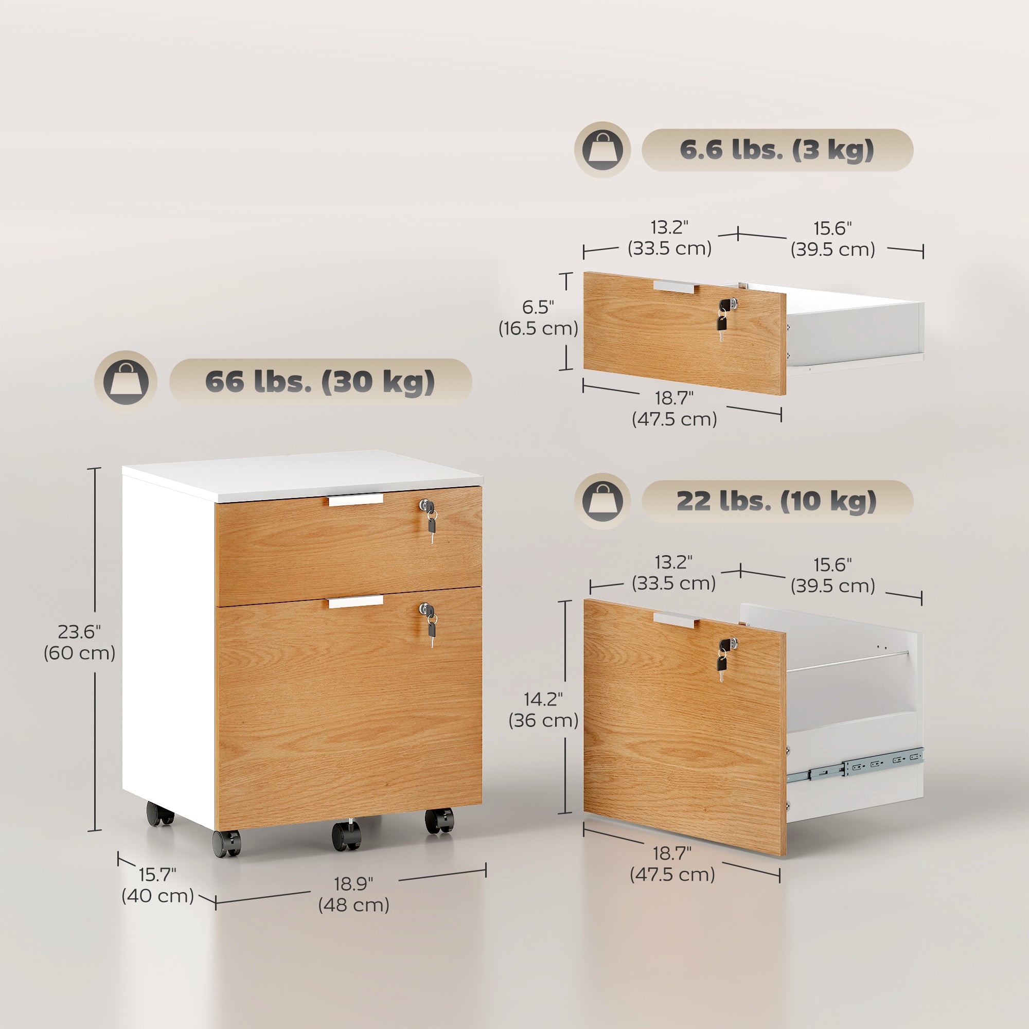 2-Drawer Lockable Filing Cabinet - White and Natural Wood-Office Products > Office Furniture > Office Cabinets & Cupboards-DECOROLALA