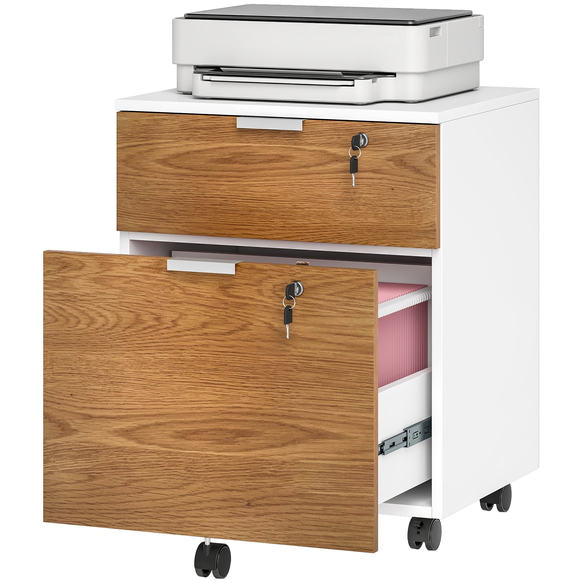 2-Drawer Lockable Filing Cabinet - White and Natural Wood-Office Products > Office Furniture > Office Cabinets & Cupboards-DECOROLALA