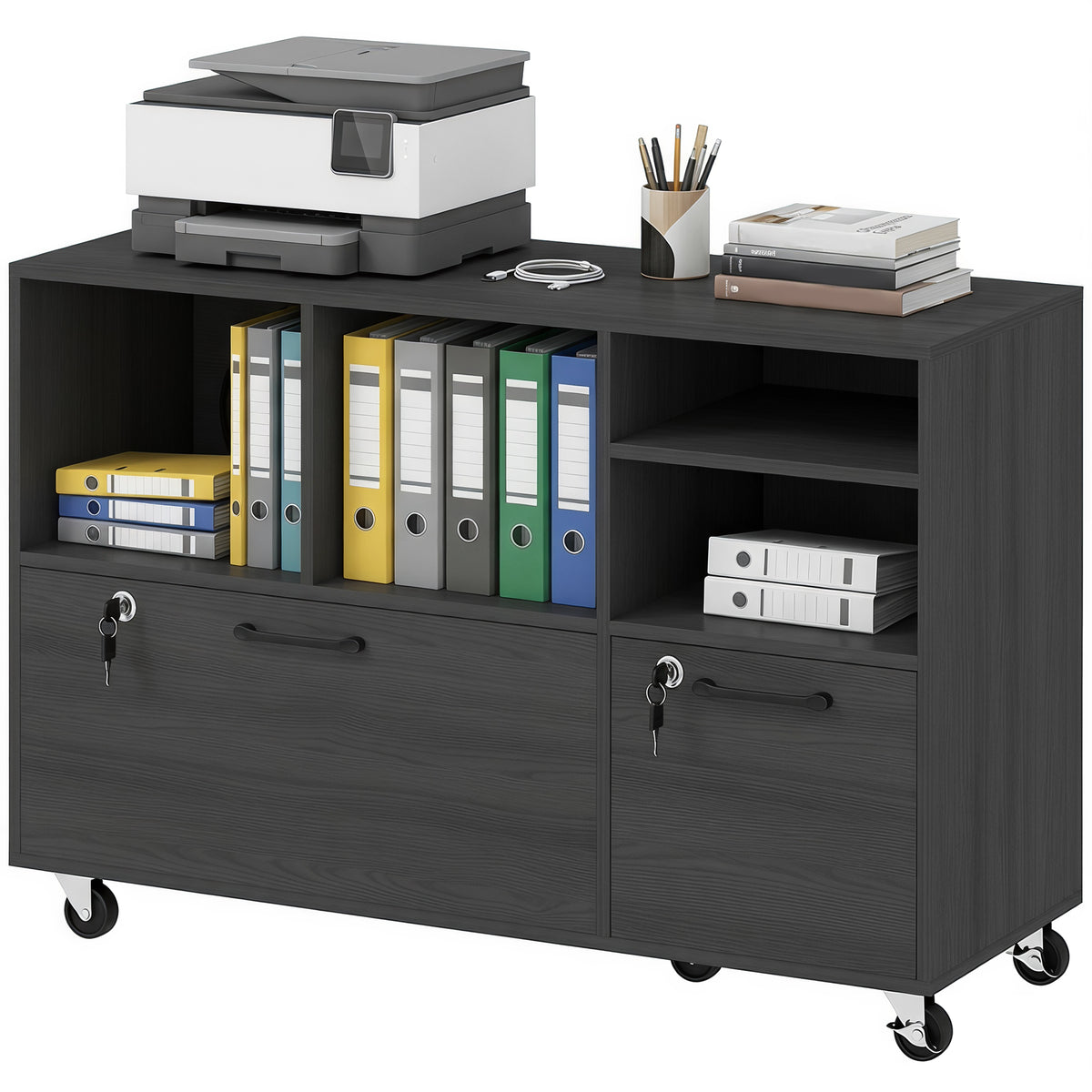 2-Drawer Mobile File Cabinet with Charging Station - Black-Office Products > Office Furniture > Office Cabinets & Cupboards-DECOROLALA