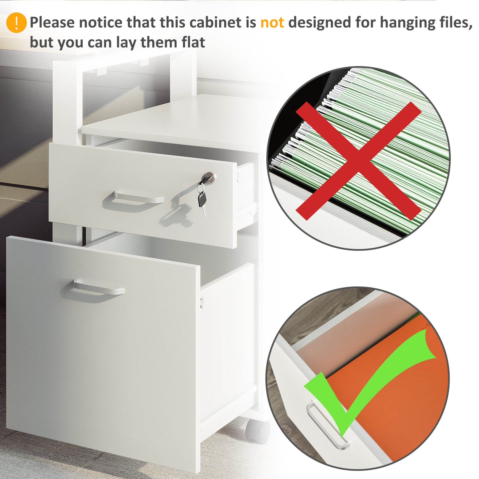 2-Drawer Mobile File Cabinet with Lock - White-Office Products > Office Furniture > Office Cabinets & Cupboards-DECOROLALA