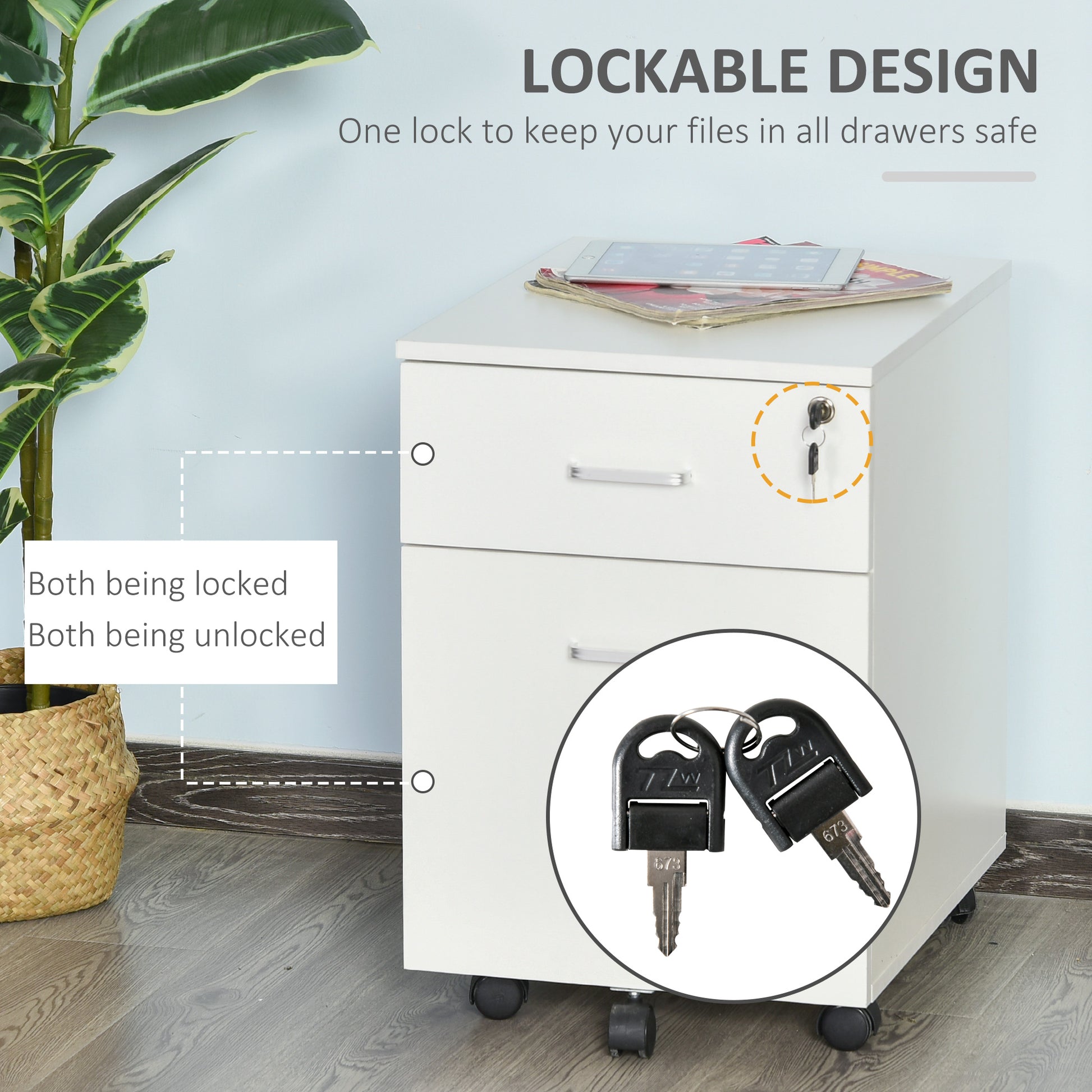 2-Drawer Mobile File Cabinet with Lock - White-Office Products > Office Furniture > Office Cabinets & Cupboards-DECOROLALA