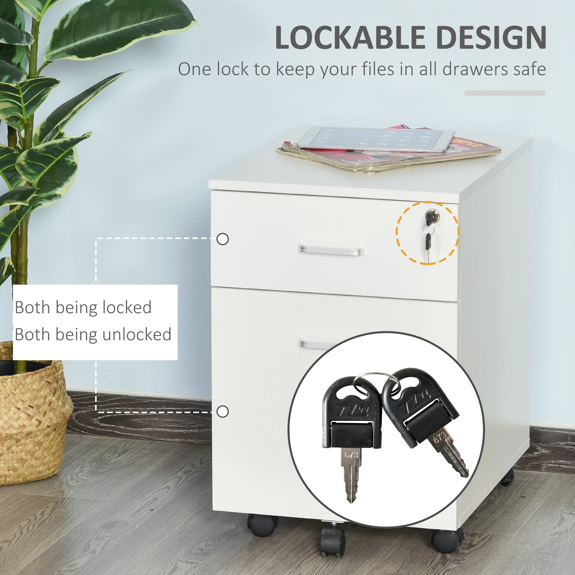 2-Drawer Mobile File Cabinet with Lock - White-Office Products > Office Furniture > Office Cabinets & Cupboards-DECOROLALA