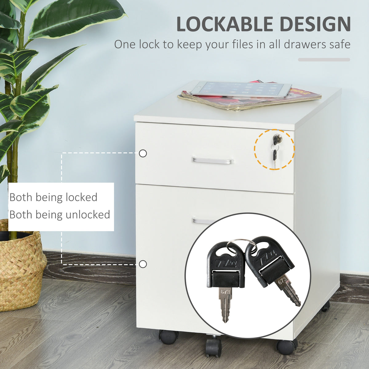 2-Drawer Mobile File Cabinet with Lock - White-Office Products > Office Furniture > Office Cabinets & Cupboards-DECOROLALA