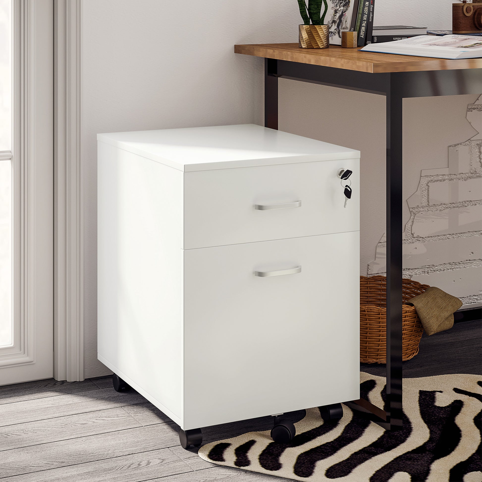 2-Drawer Mobile File Cabinet with Lock - White-Office Products > Office Furniture > Office Cabinets & Cupboards-DECOROLALA