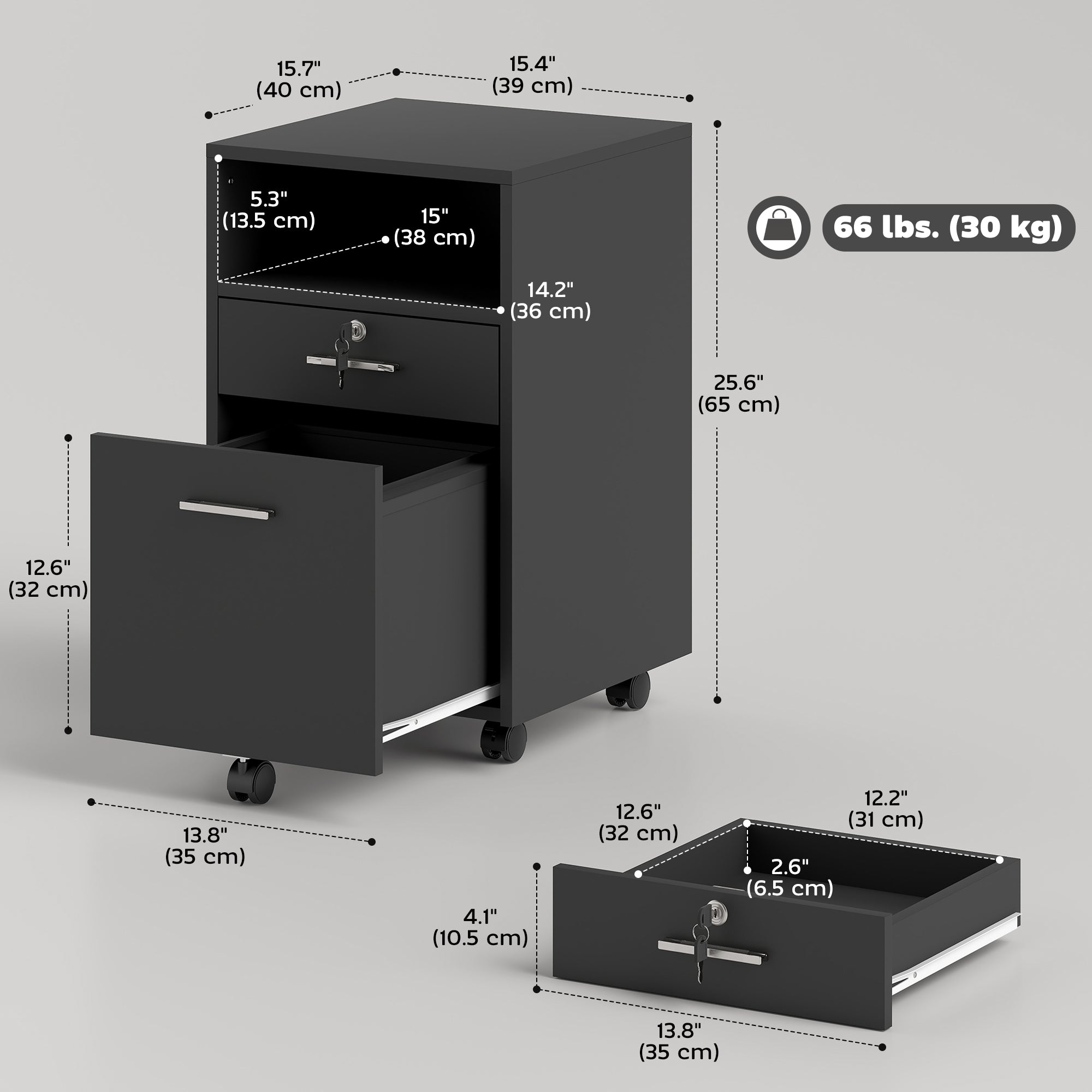 2-Drawer Mobile Filing Cabinet Printer Stand - Black 25.6" H-Office Products > Office Furniture > Office Cabinets & Cupboards-DECOROLALA