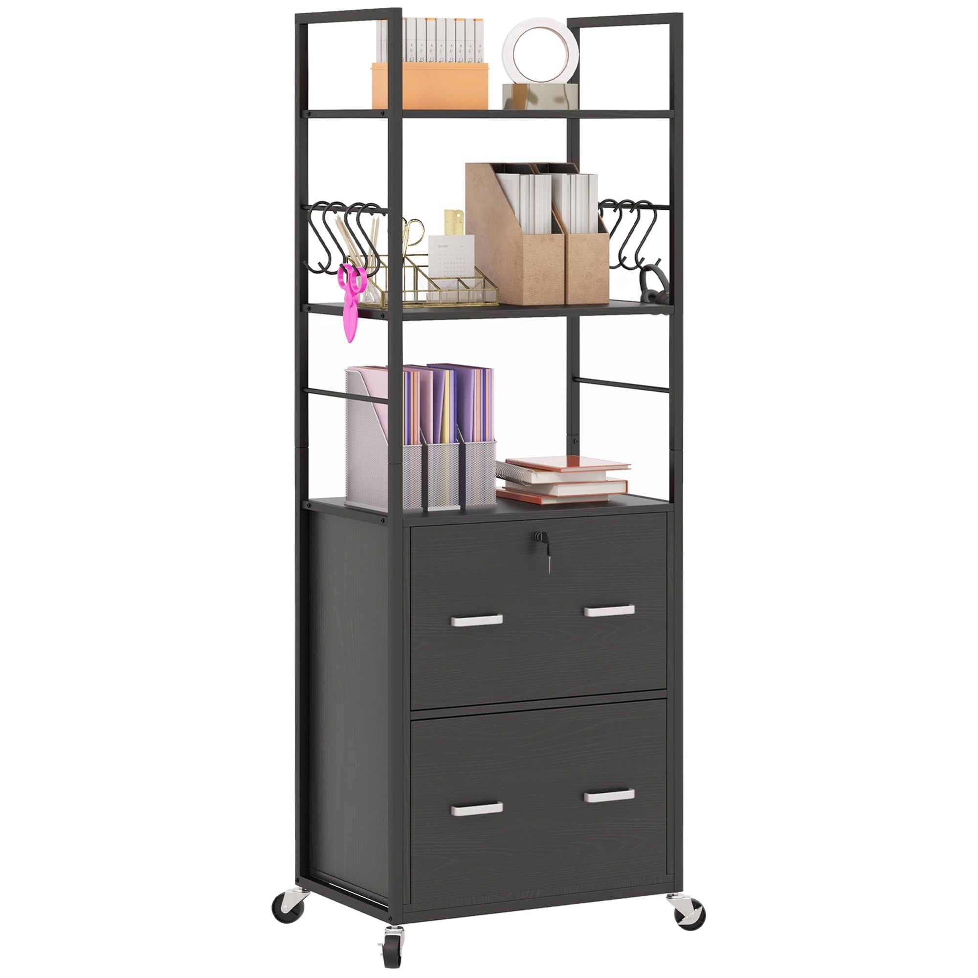2-Drawer Mobile Filing Cabinet with Lock - Black-Office Products > Office Furniture > Office Cabinets & Cupboards-DECOROLALA