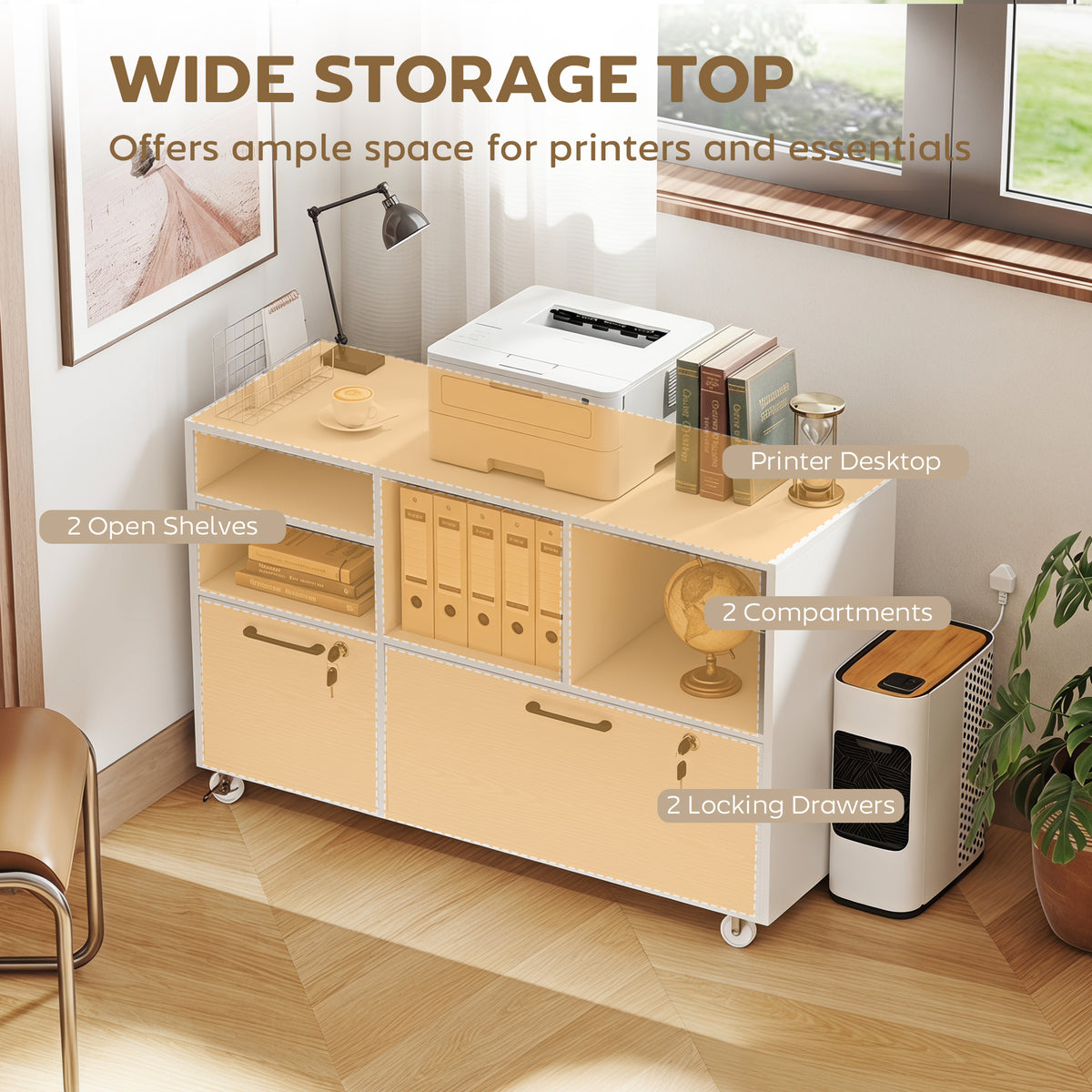 2-Drawer Mobile Lateral File Cabinet with Charging Station - White-Office Storage Cabinets-DECOROLALA