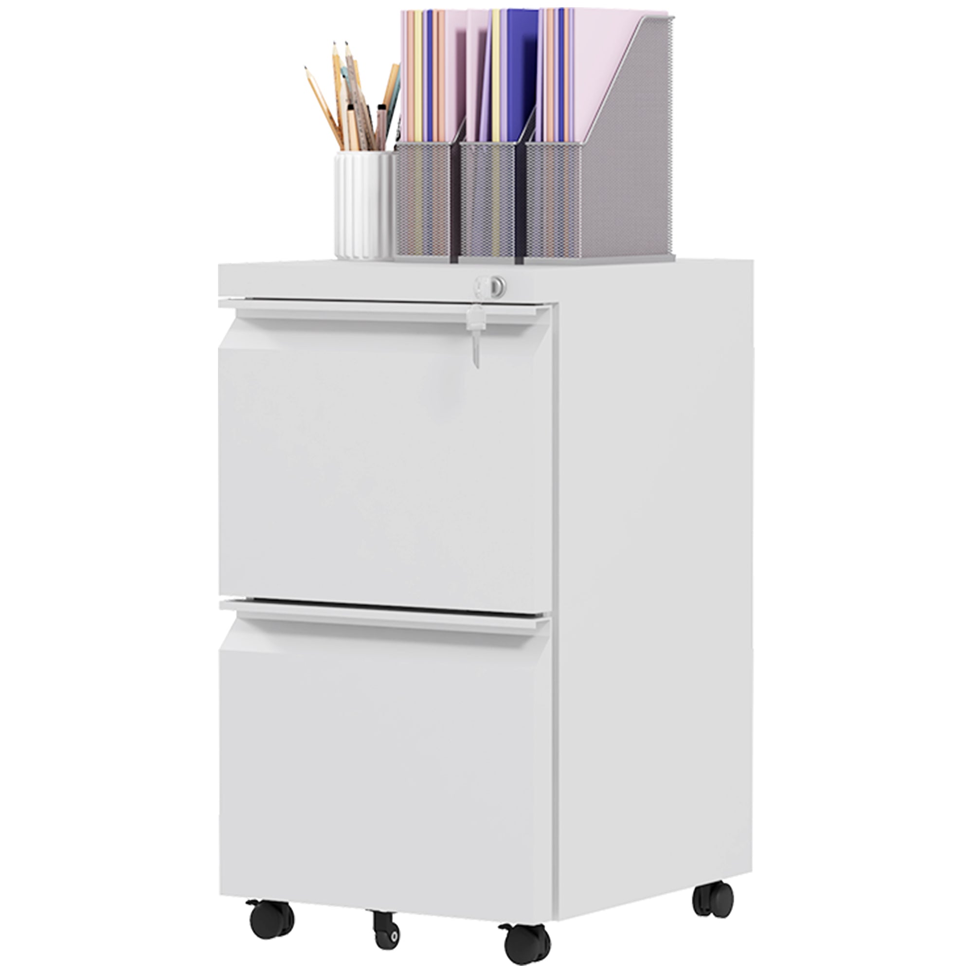 2-Drawer Mobile Steel File Cabinet with Lock - White-Office Products > Office Furniture > Office Cabinets & Cupboards-DECOROLALA