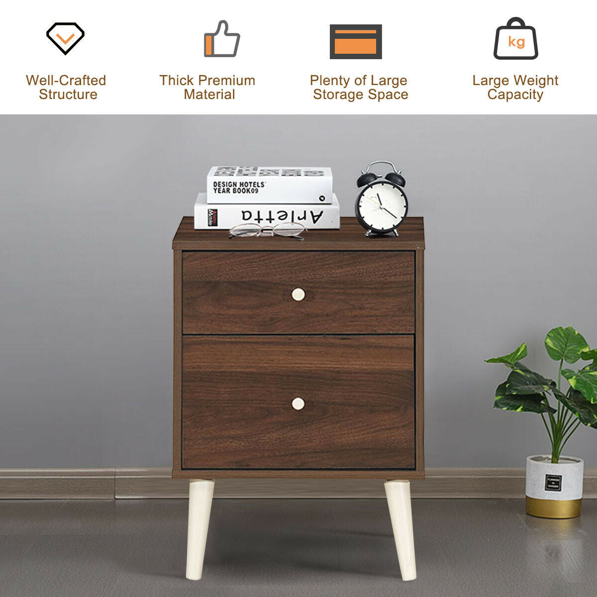 2-Drawer Nightstand Beside End Side Table with Rubber Legs-Brown-Nightstands-DECOROLALA