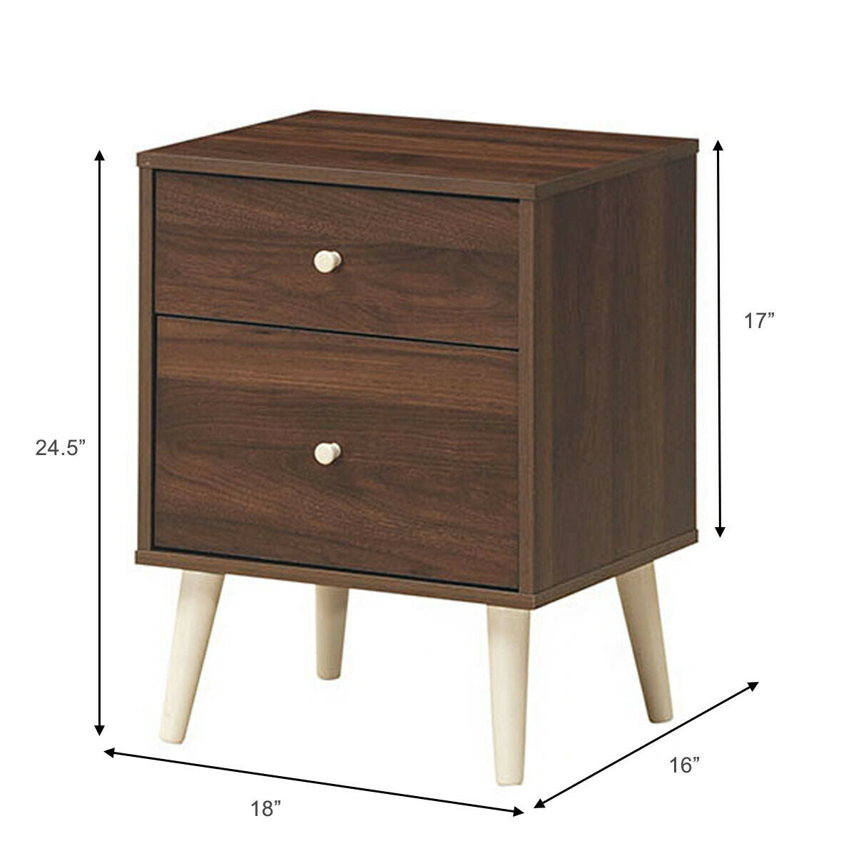 2-Drawer Nightstand Beside End Side Table with Rubber Legs-Brown-Nightstands-DECOROLALA