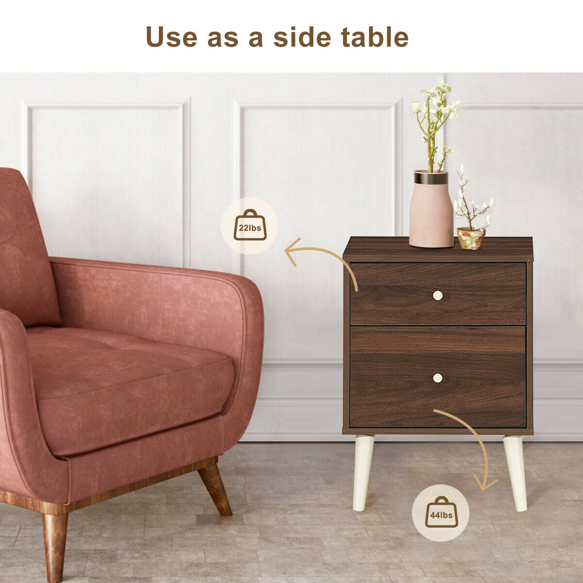 2-Drawer Nightstand Beside End Side Table with Rubber Legs-Brown-Nightstands-DECOROLALA