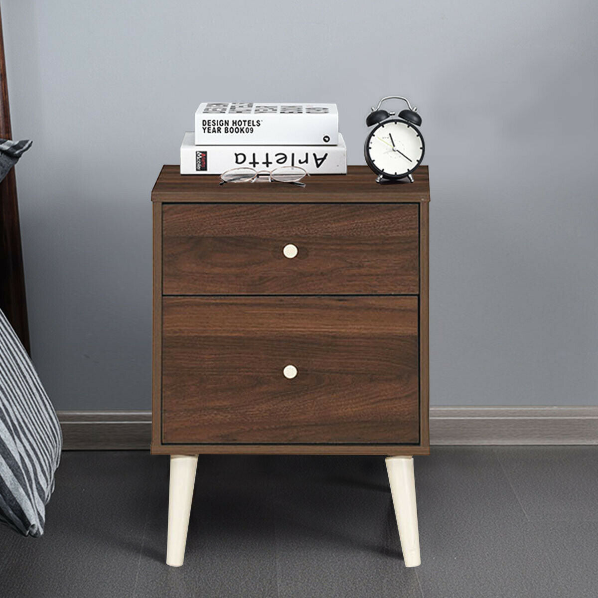 2-Drawer Nightstand Beside End Side Table with Rubber Legs-Brown-Nightstands-DECOROLALA