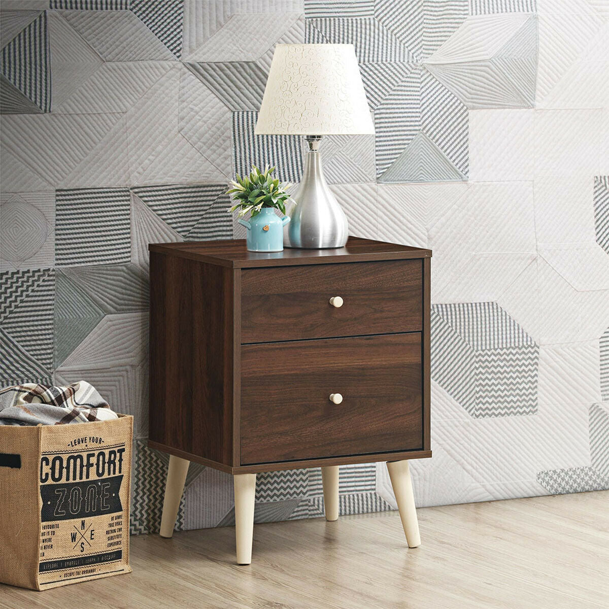 2-Drawer Nightstand Beside End Side Table with Rubber Legs-Brown-Nightstands-DECOROLALA