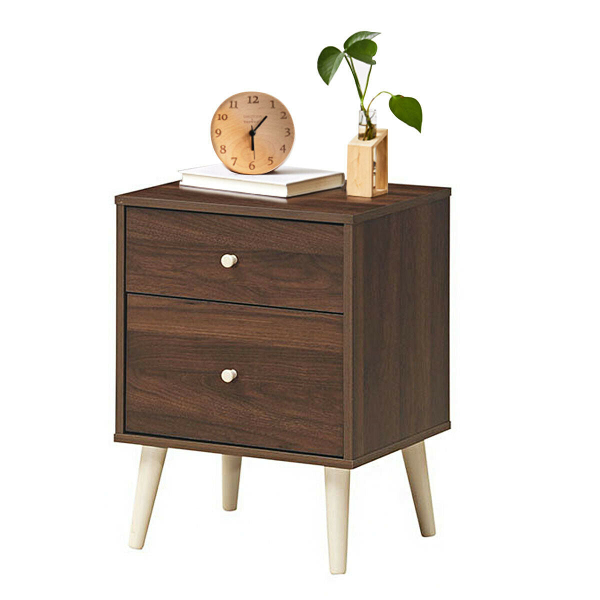 2-Drawer Nightstand Beside End Side Table with Rubber Legs-Brown-Nightstands-DECOROLALA