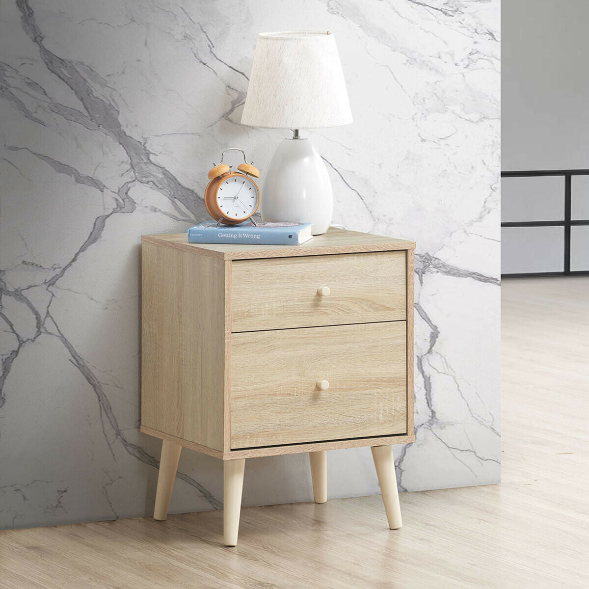 2-Drawer Nightstand Beside End Side Table with Rubber Legs-Natural-Nightstands-DECOROLALA