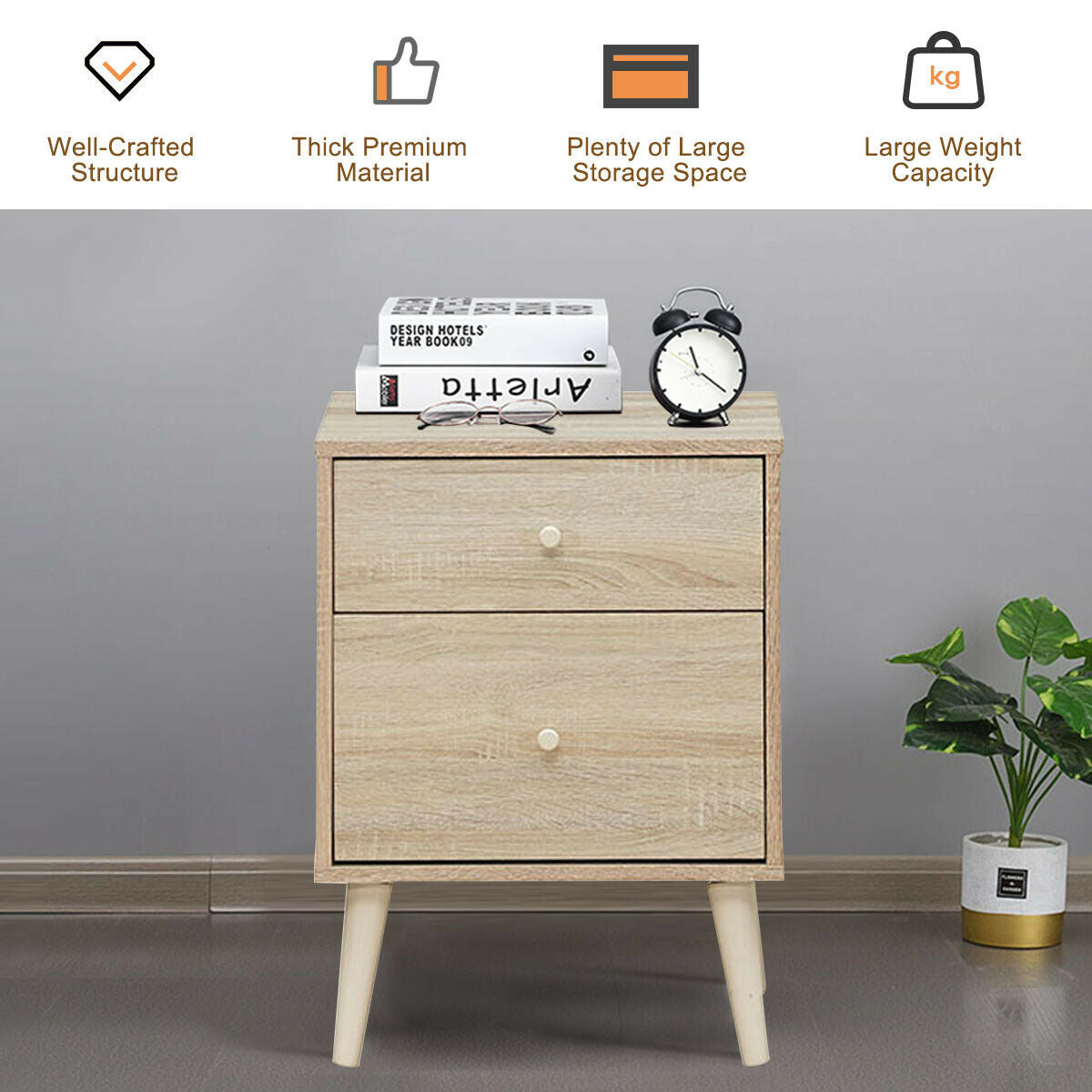 2-Drawer Nightstand Beside End Side Table with Rubber Legs-Natural-Nightstands-DECOROLALA