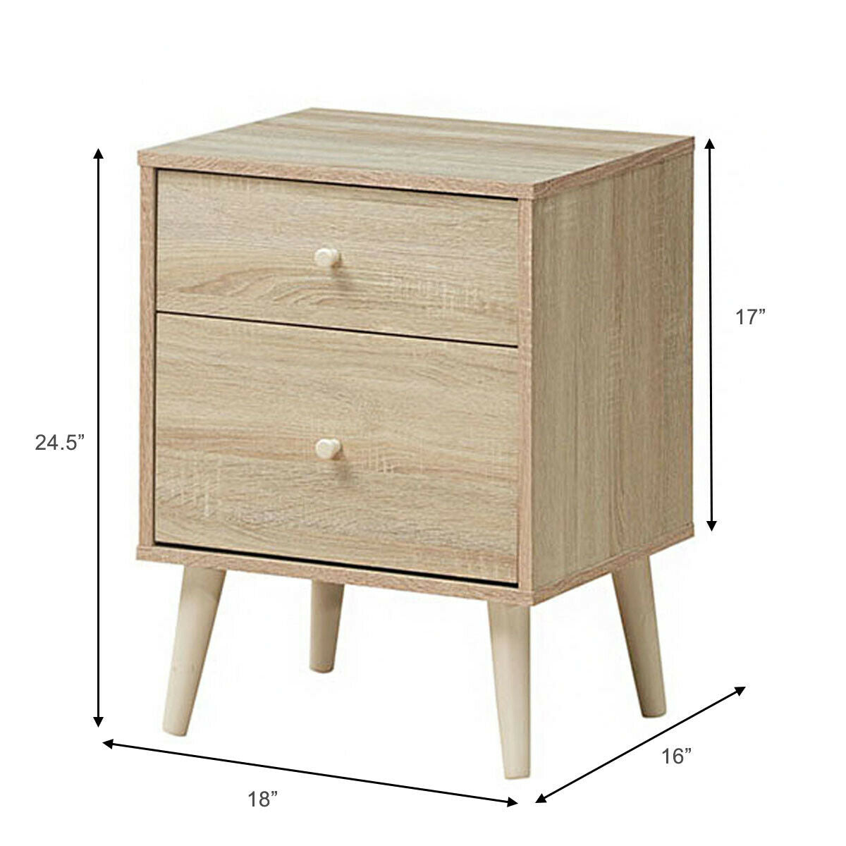 2-Drawer Nightstand Beside End Side Table with Rubber Legs-Natural-Nightstands-DECOROLALA