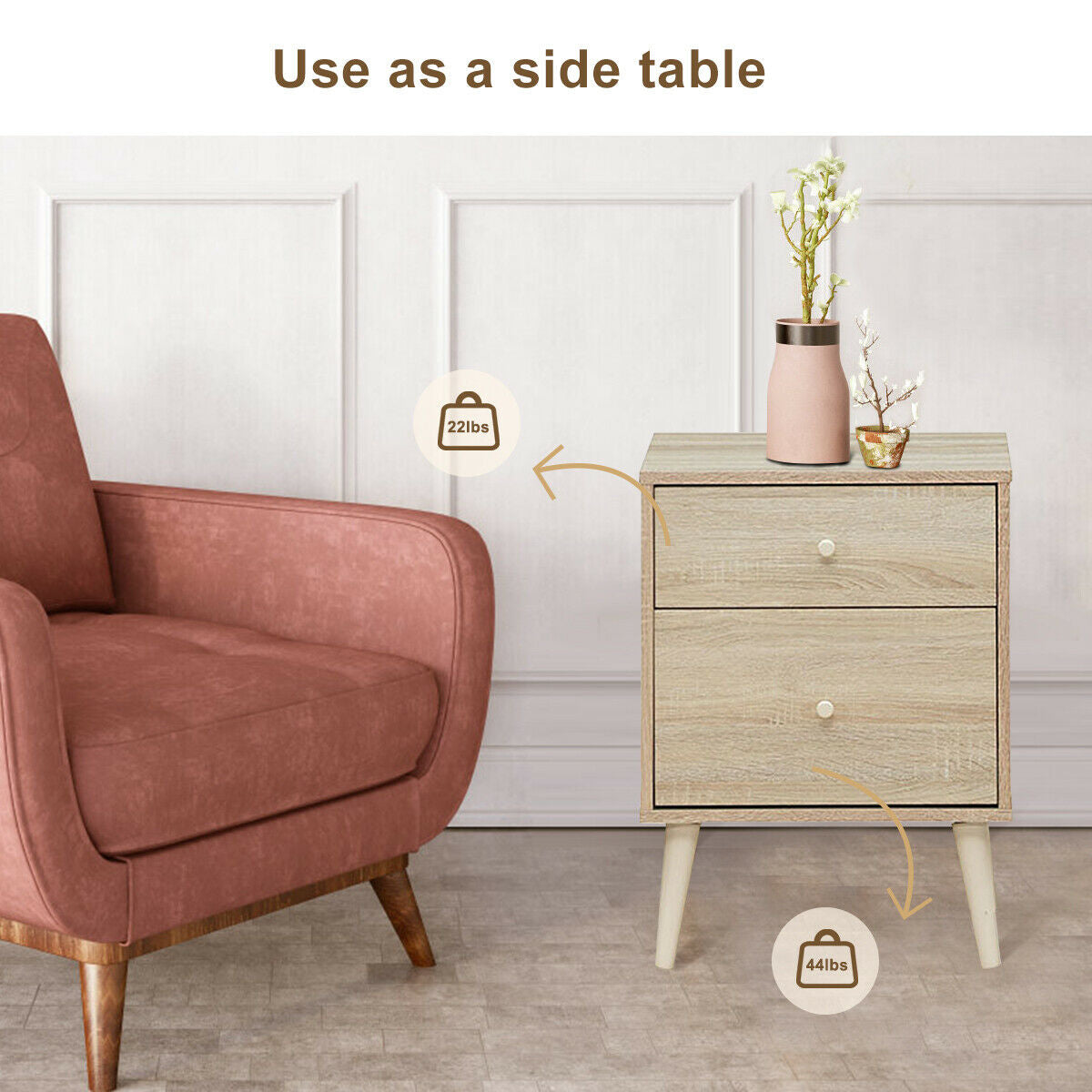 2-Drawer Nightstand Beside End Side Table with Rubber Legs-Natural-Nightstands-DECOROLALA