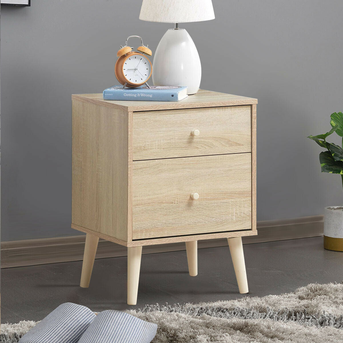 2-Drawer Nightstand Beside End Side Table with Rubber Legs-Natural-Nightstands-DECOROLALA