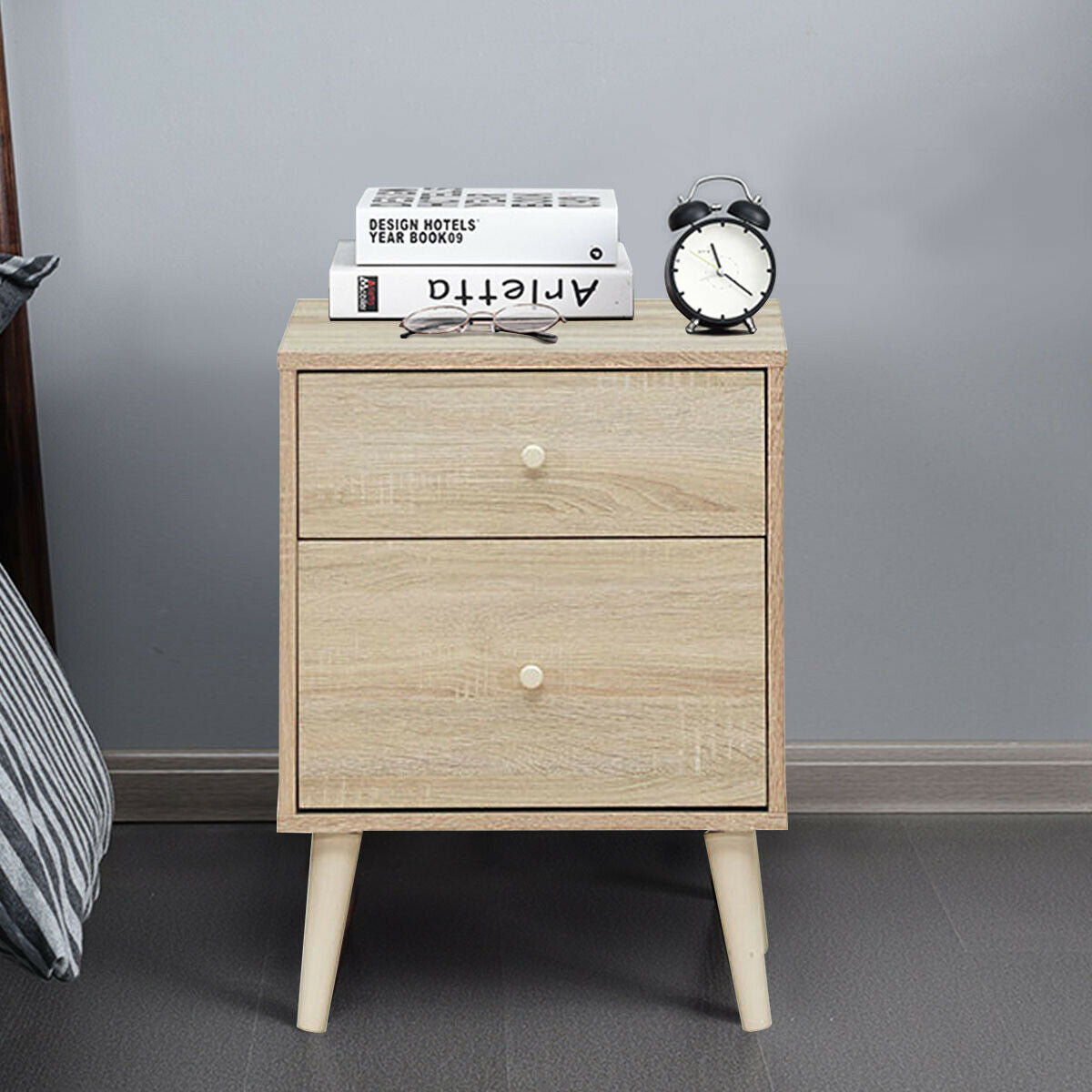 2-Drawer Nightstand Beside End Side Table with Rubber Legs-Natural-Nightstands-DECOROLALA