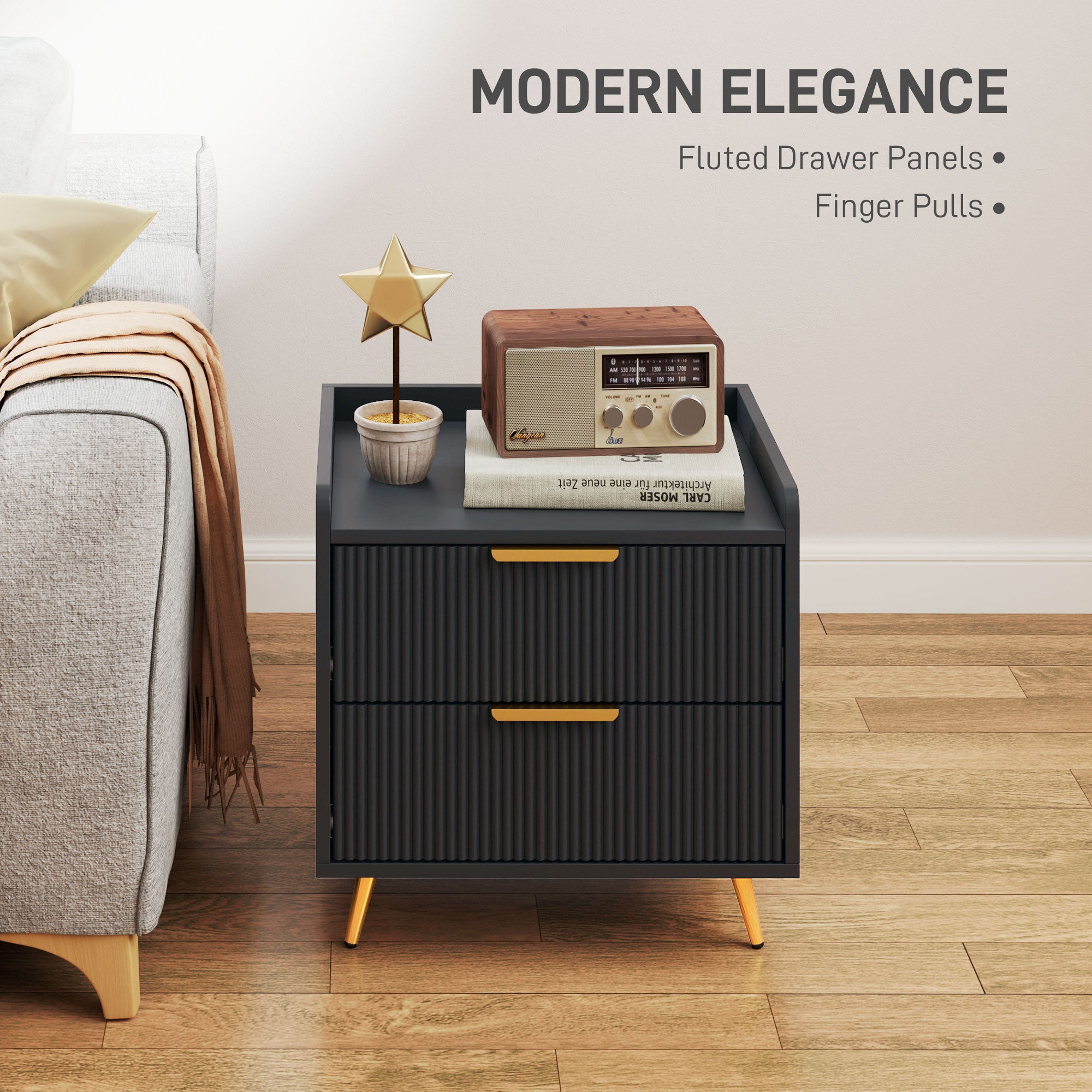 2-Drawer Nightstand - Black Bedside Table with Metal Legs-Home Furnishings > Bedroom Furniture > Bedside Tables-DECOROLALA